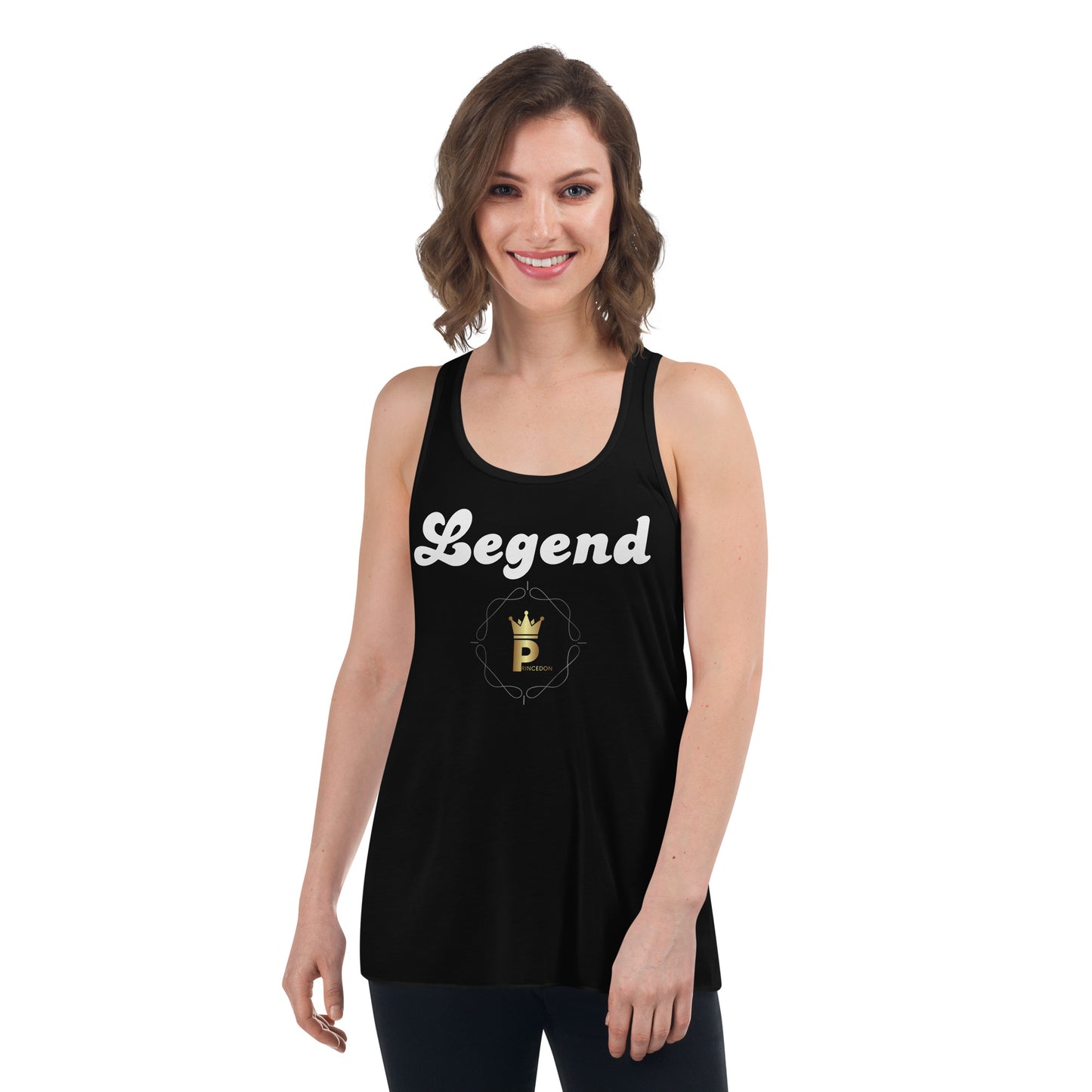 Women's Flowy Racerback Tank (white text, Legend)