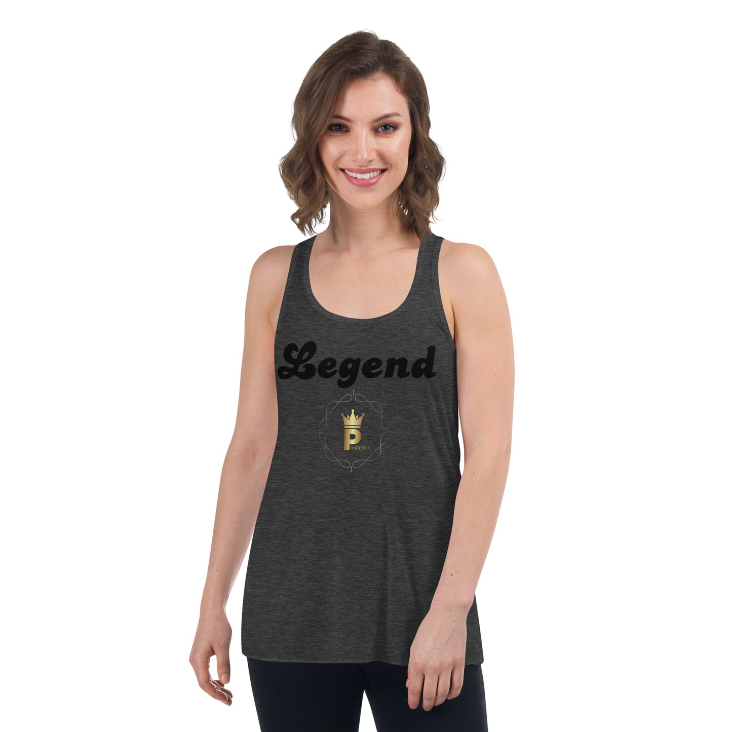 Women's Flowy Racerback Tank (blackt text, Legend)