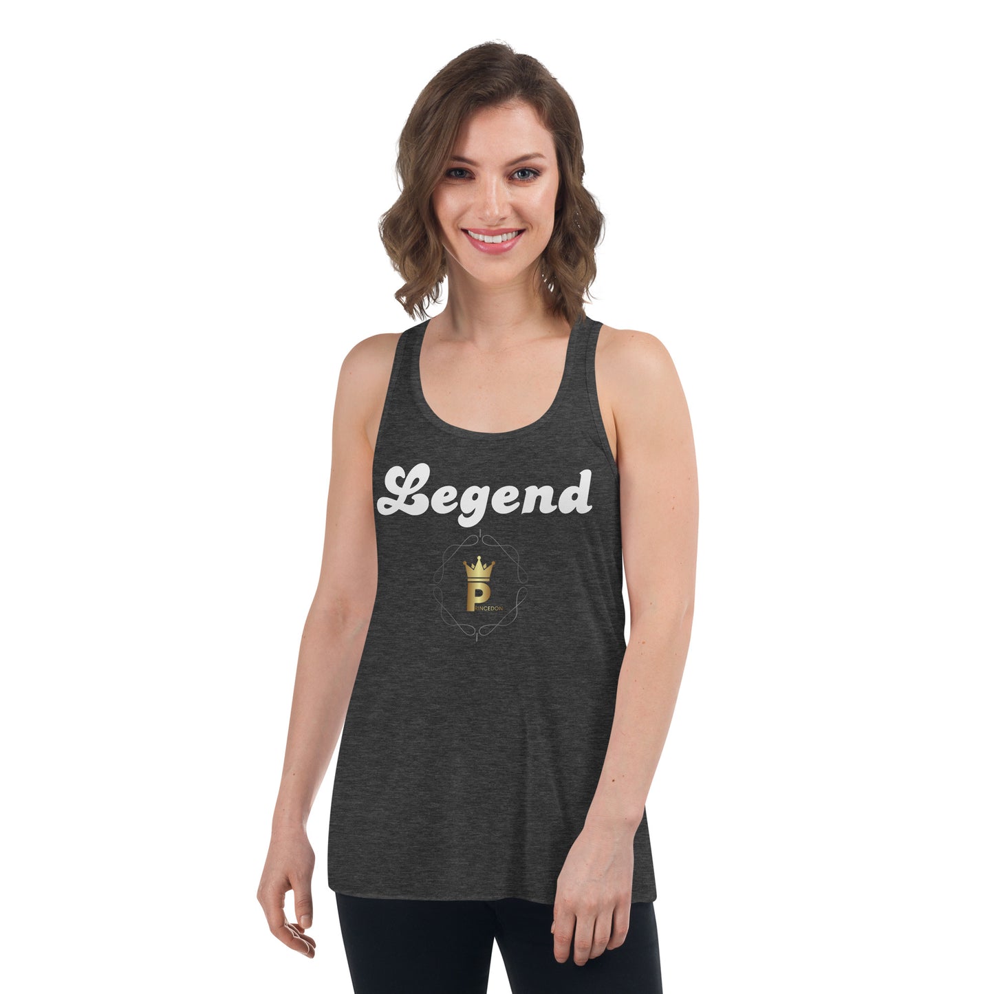 Women's Flowy Racerback Tank (white text, Legend)