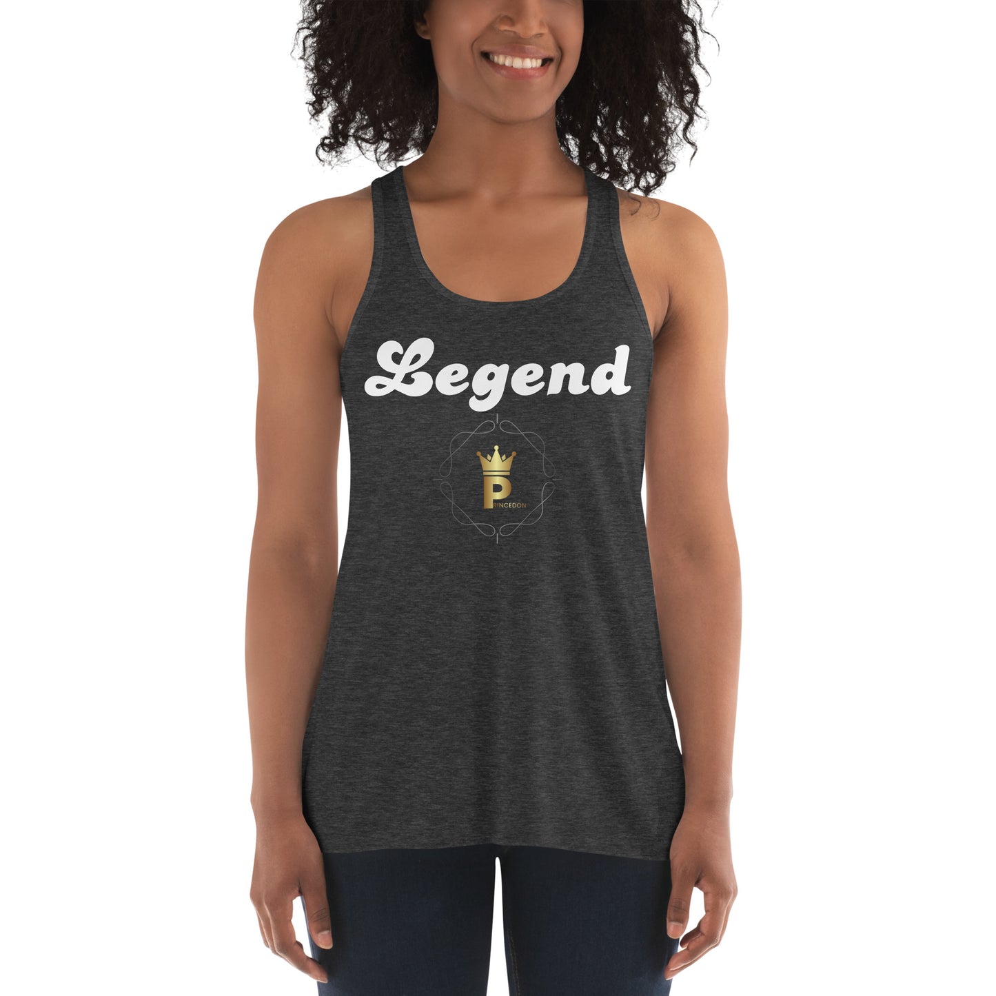 Women's Flowy Racerback Tank (white text, Legend)