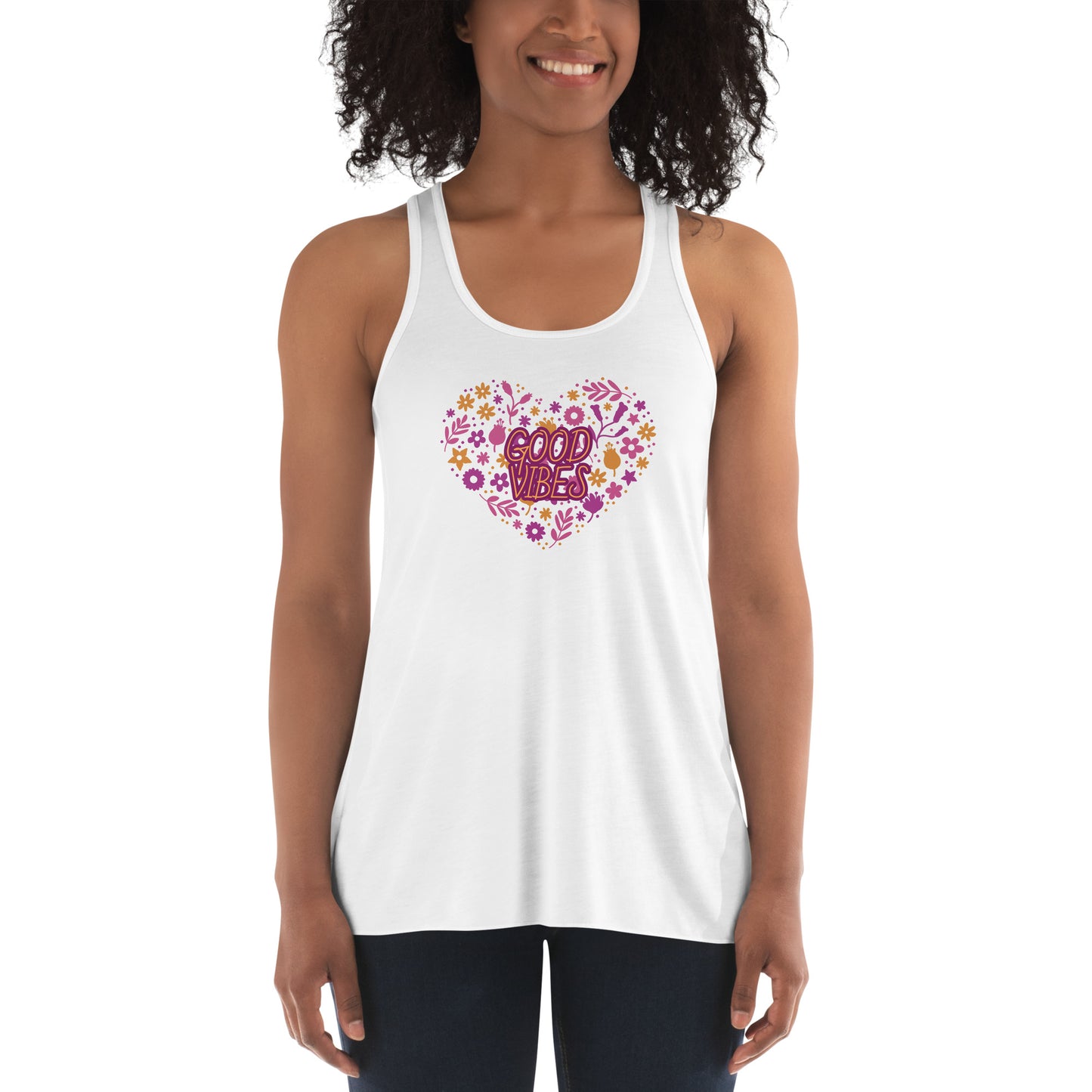 Women's Flowy Racerback Tank (Good Vibes Heart)