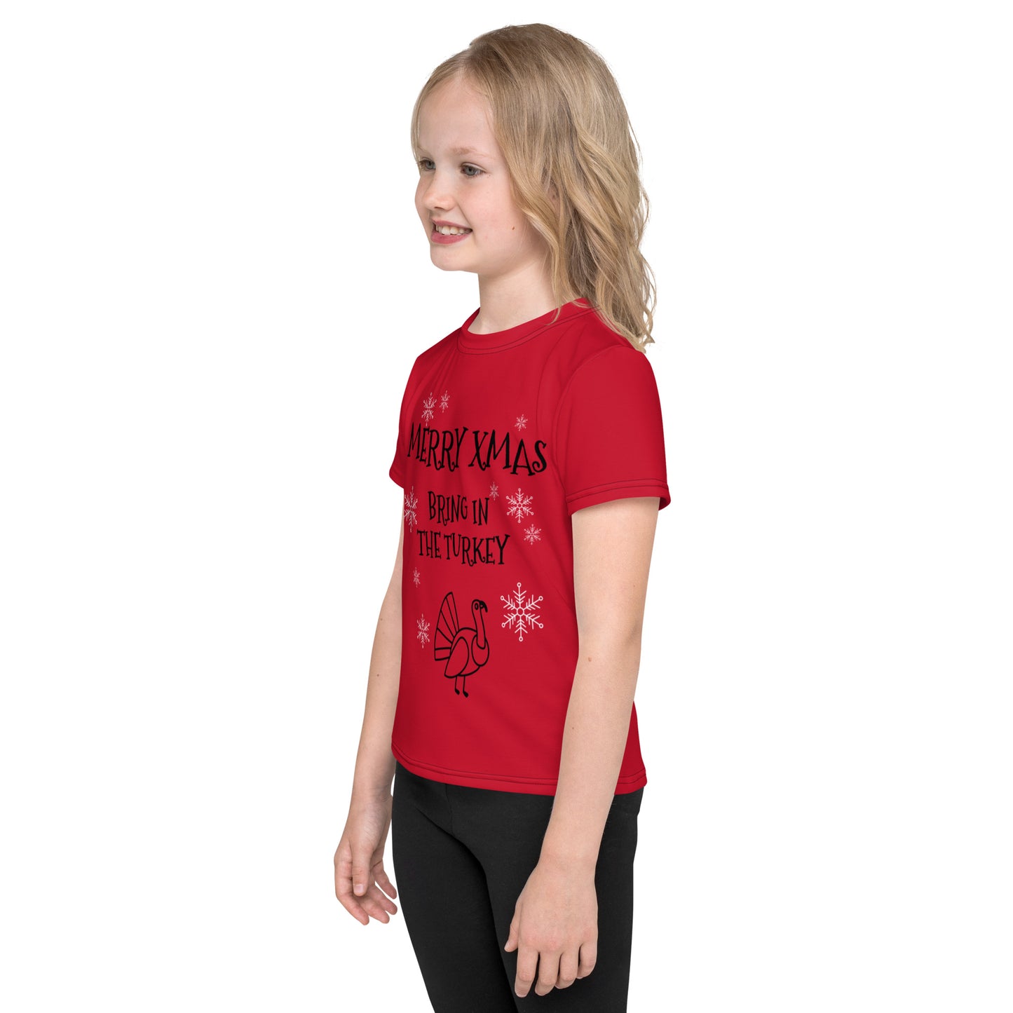 Kids Christmas Crew Neck T-Shirt - red - bring in the turkey (black/white print)