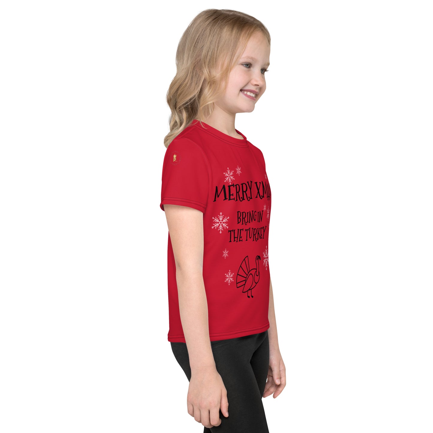Kids Christmas Crew Neck T-Shirt - red - bring in the turkey (black/white print)