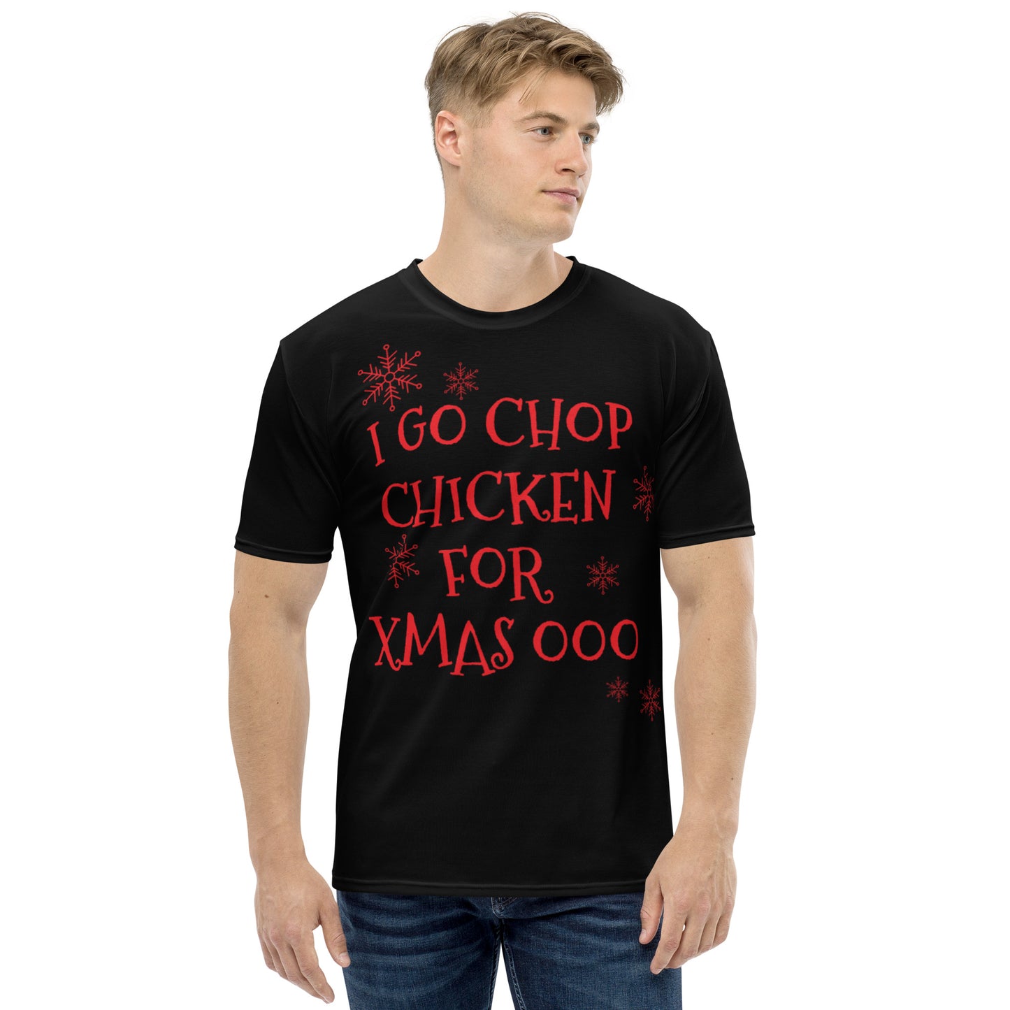 Men's Pidgin Christmas T-Shirt - black - I go chop chicken for xmas ooo (red print)