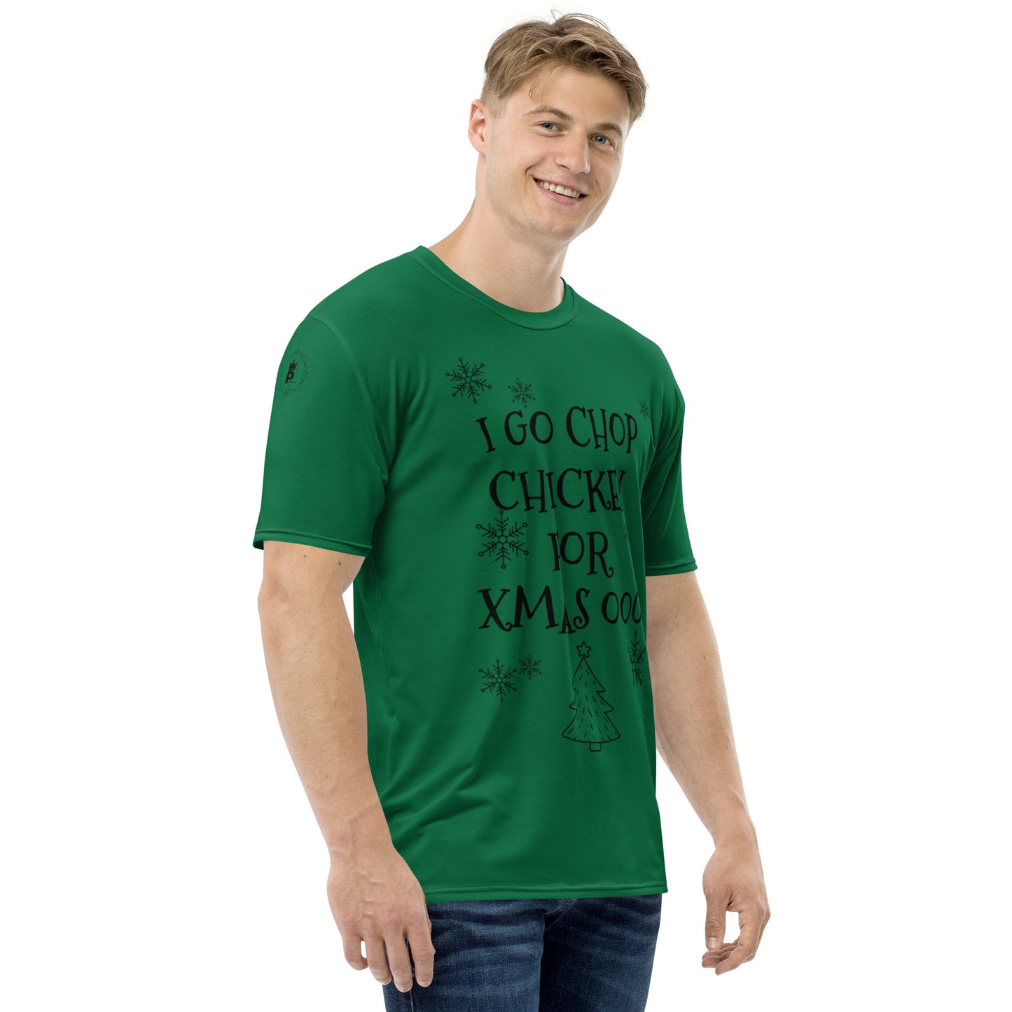 Men's Pidgin Christmas Tree Christmas T-Shirt - forest green - I go chop chicken for christmas ooo (black print)