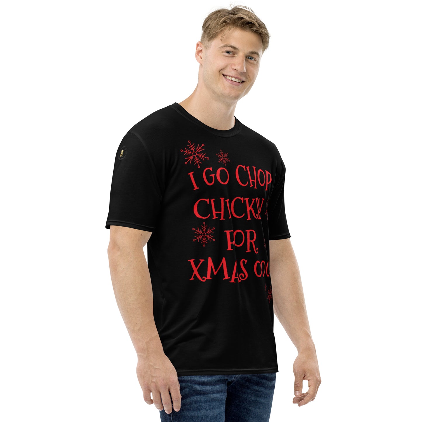 Men's Pidgin Christmas T-Shirt - black - I go chop chicken for xmas ooo (red print)