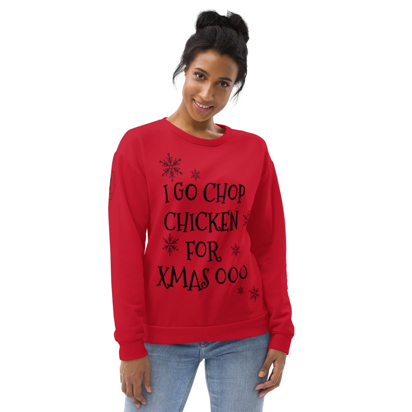 Unisex Pidgin Sweatshirt Christmas Jumper - red - I go chop chicken for xmas ooo (black print)