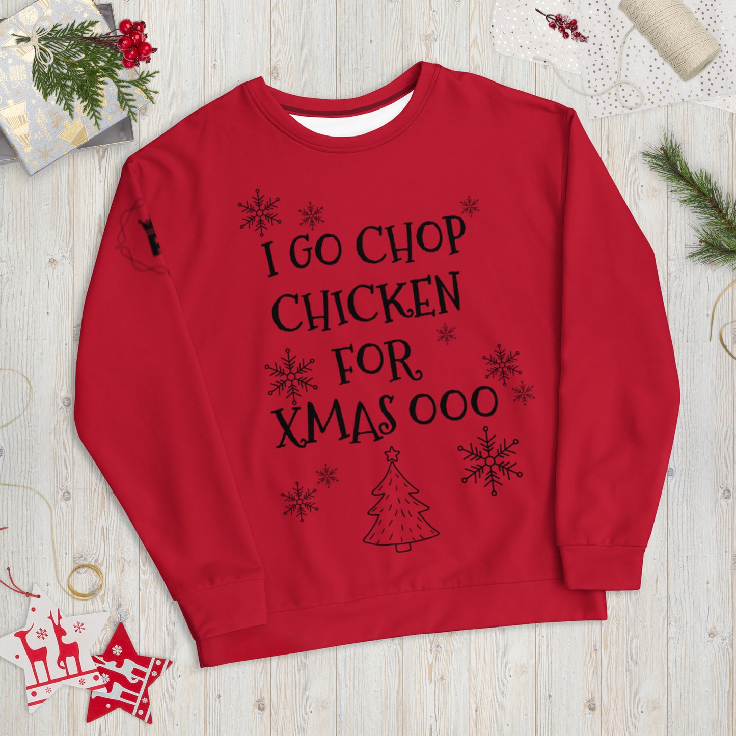 Unisex Pidgin Sweatshirt Christmas Tree Christmas Jumper - red - I go chop chicken for xmas ooo (black print)