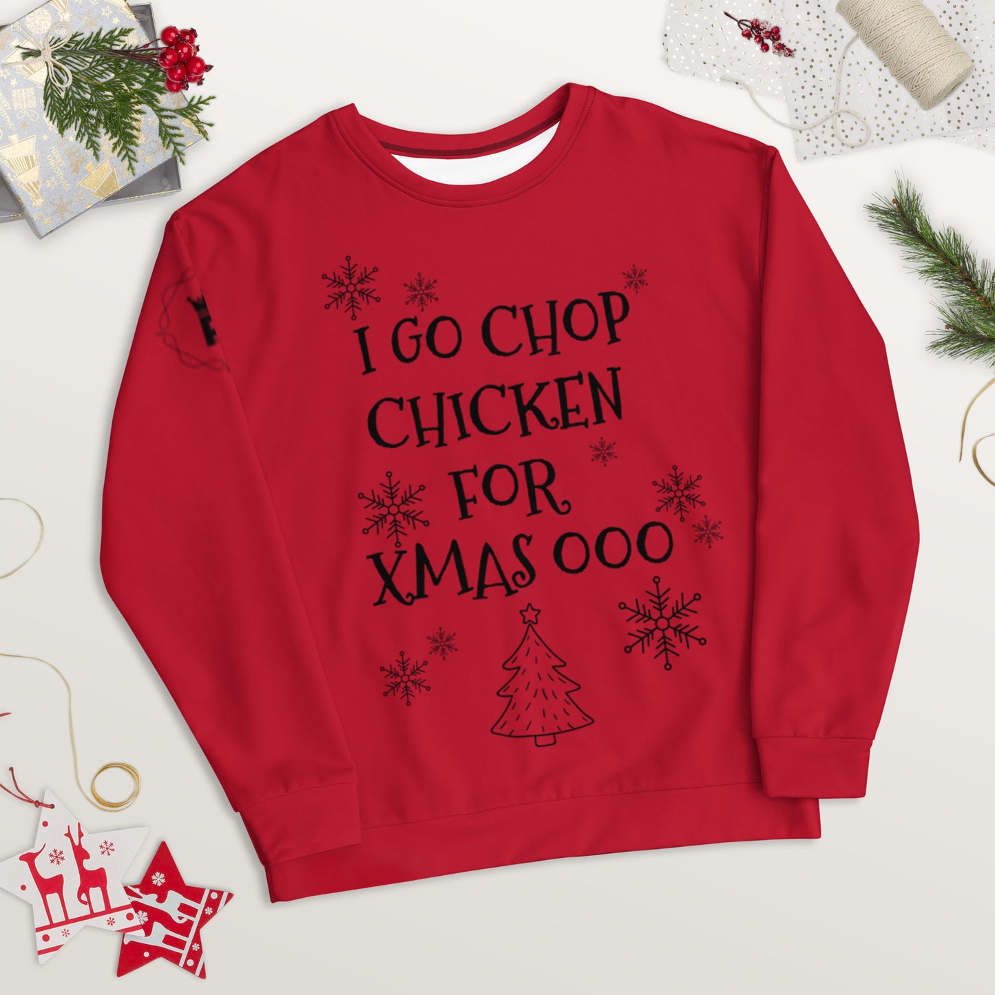 Unisex Pidgin Sweatshirt Christmas Tree Christmas Jumper - red - I go chop chicken for xmas ooo (black print)