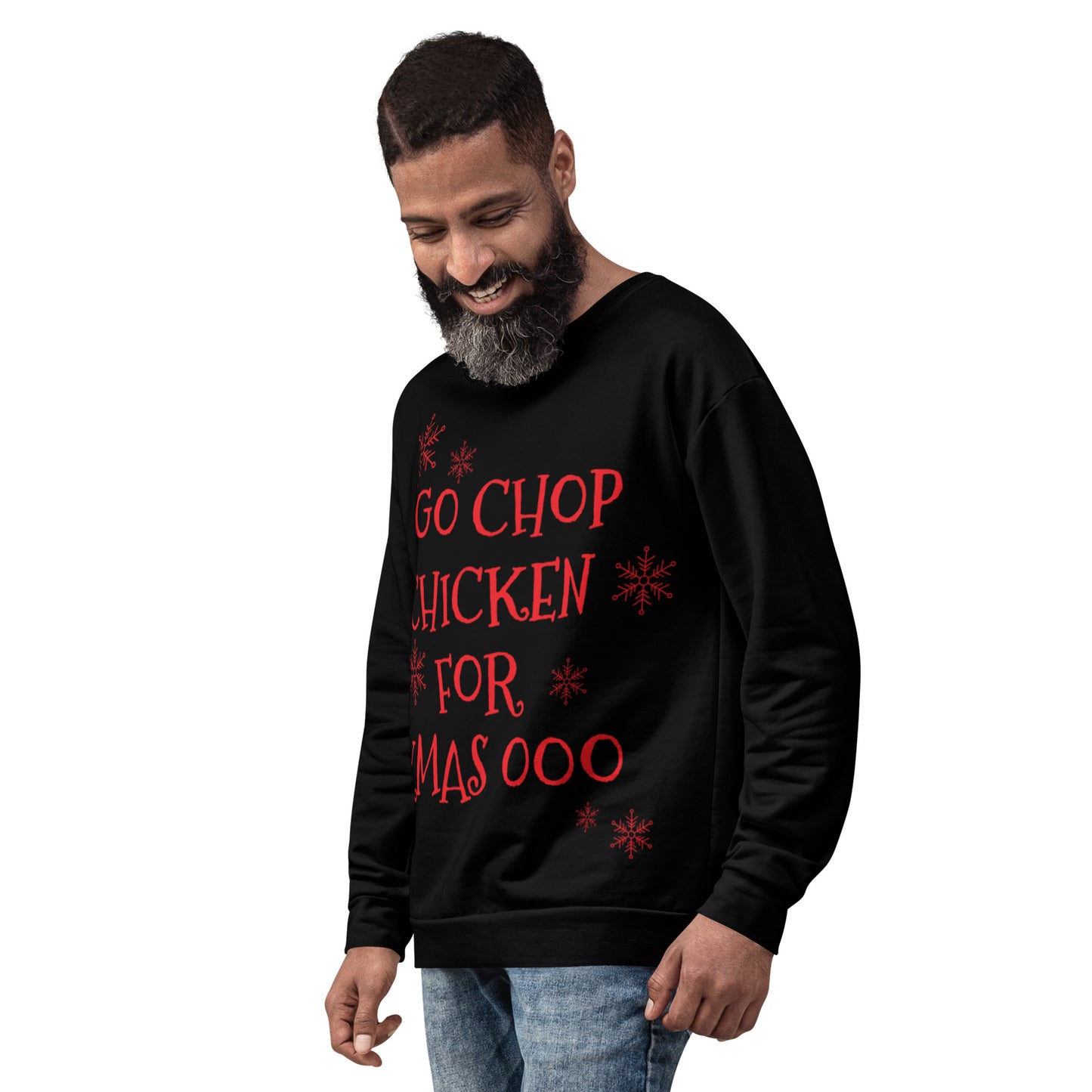 Unisex Pidgin Sweatshirt Christmas Jumper - black - I go chop chicken for xmas ooo (red print)