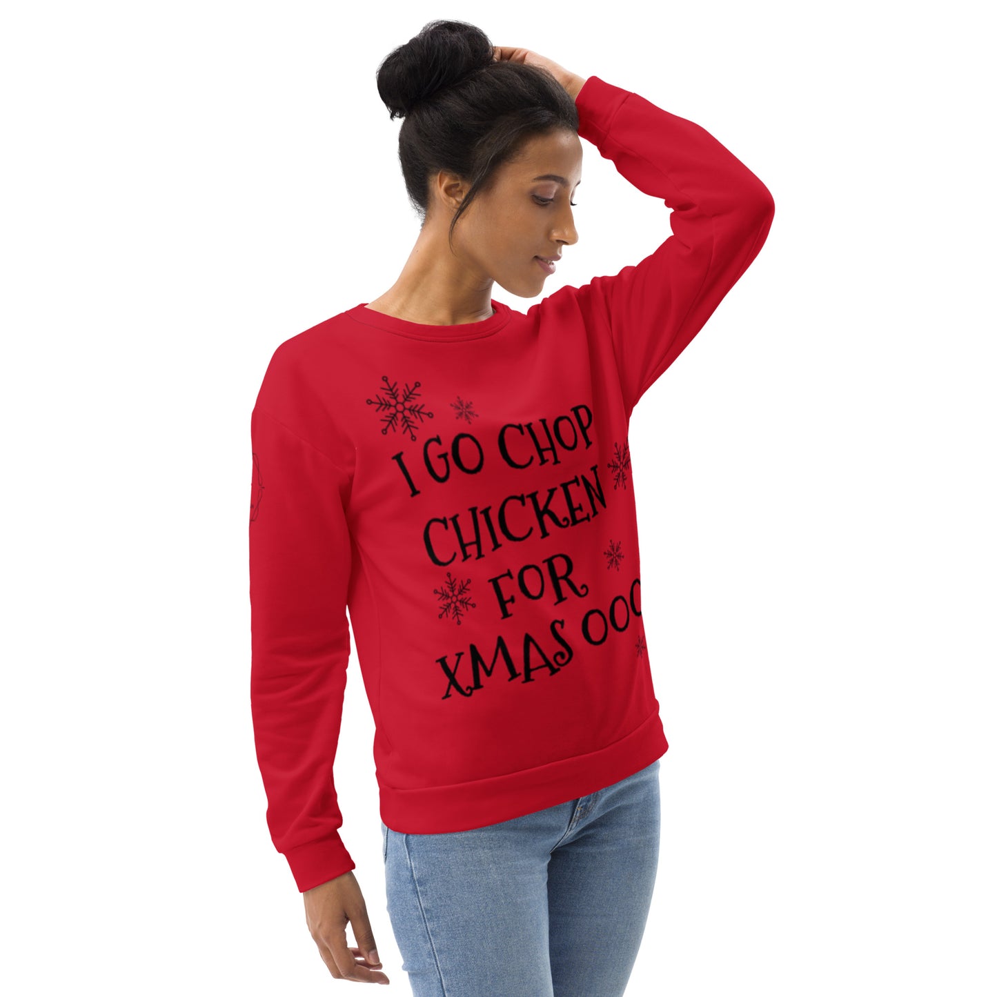 Unisex Pidgin Sweatshirt Christmas Jumper - red - I go chop chicken for xmas ooo (black print)