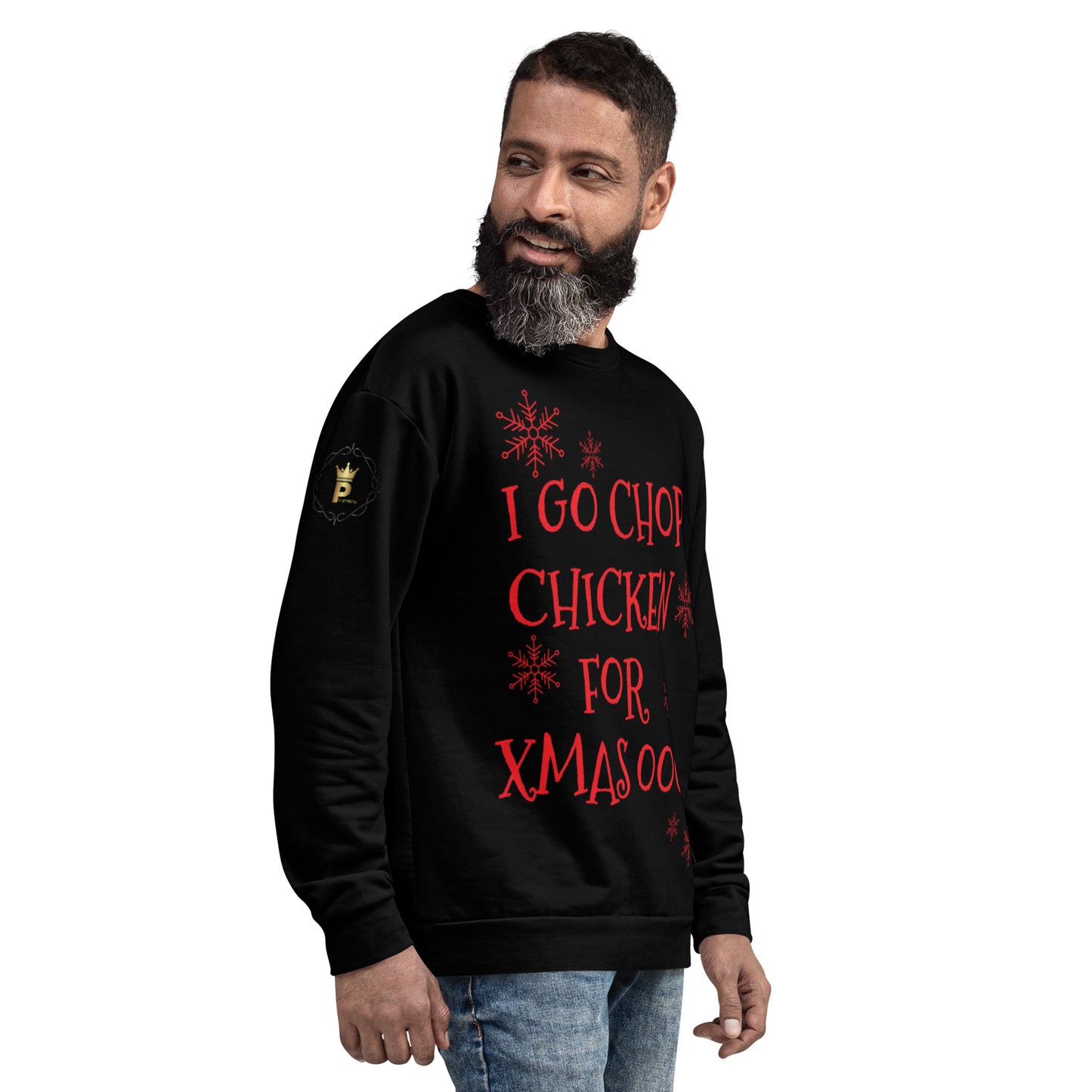 Unisex Pidgin Sweatshirt Christmas Jumper - black - I go chop chicken for xmas ooo (red print)