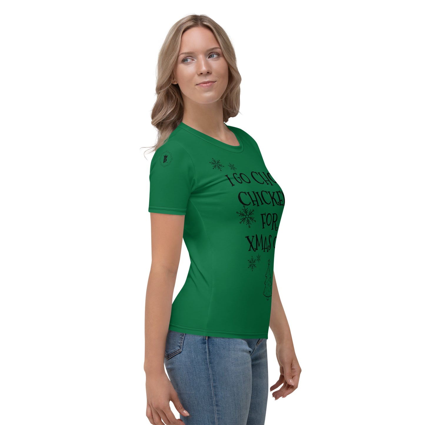 Women's Pidgin Christmas Tree Christmas T-Shirt - forest green - I go chop chicken for xmas ooo (black print)