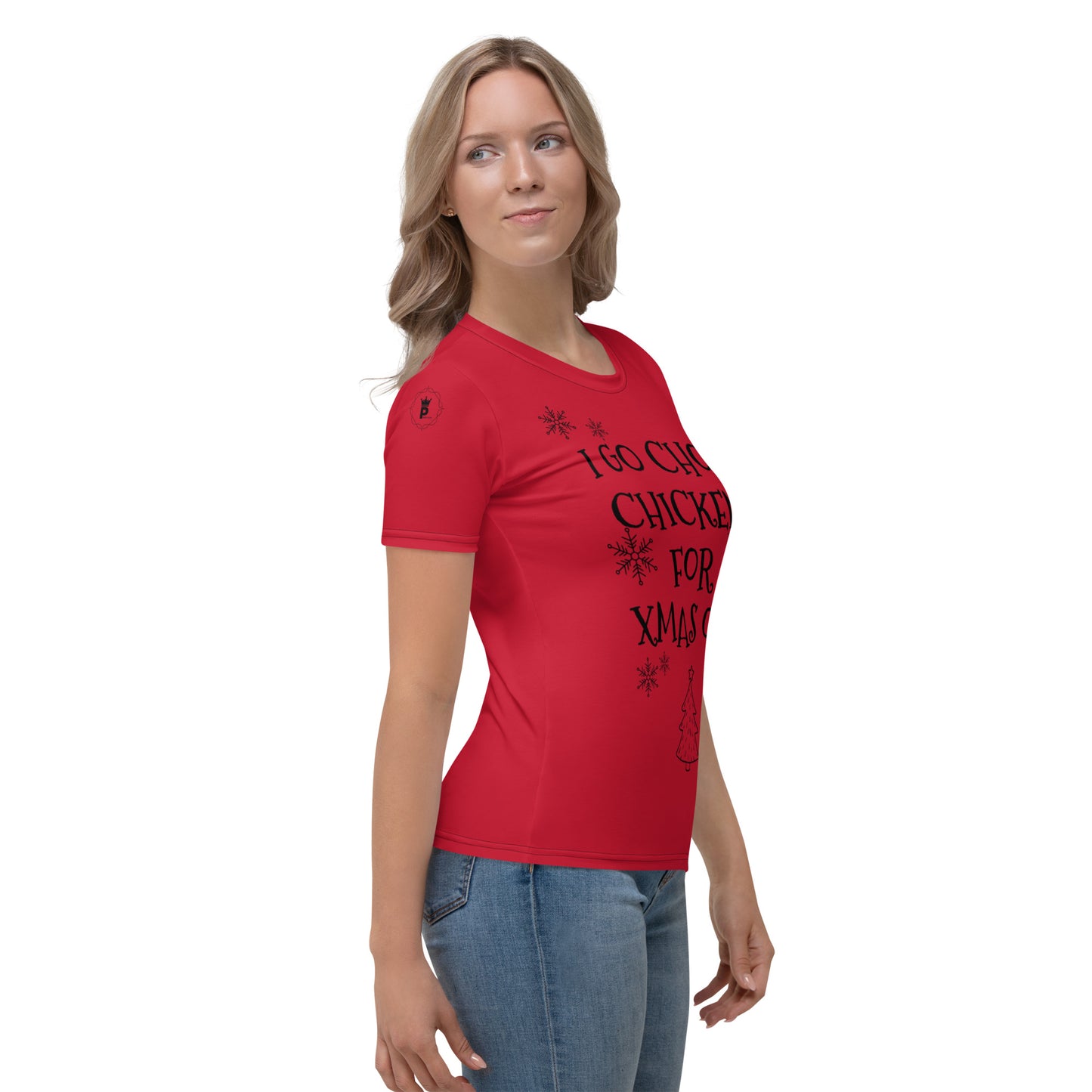 Women's Pidgin Christmas Tree Christmas T-Shirt - red - I go chop chicken for xmas ooo (black print)