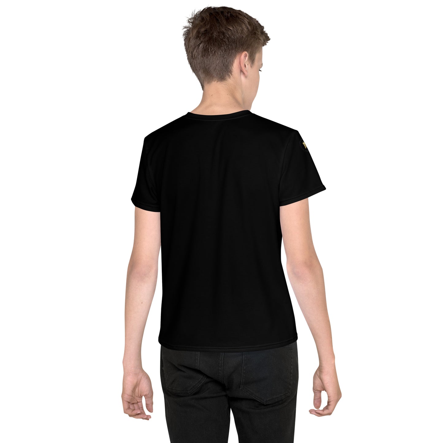 Youth Christmas Crew Neck T-Shirt - black - bring in the turkey (green/red/white print)