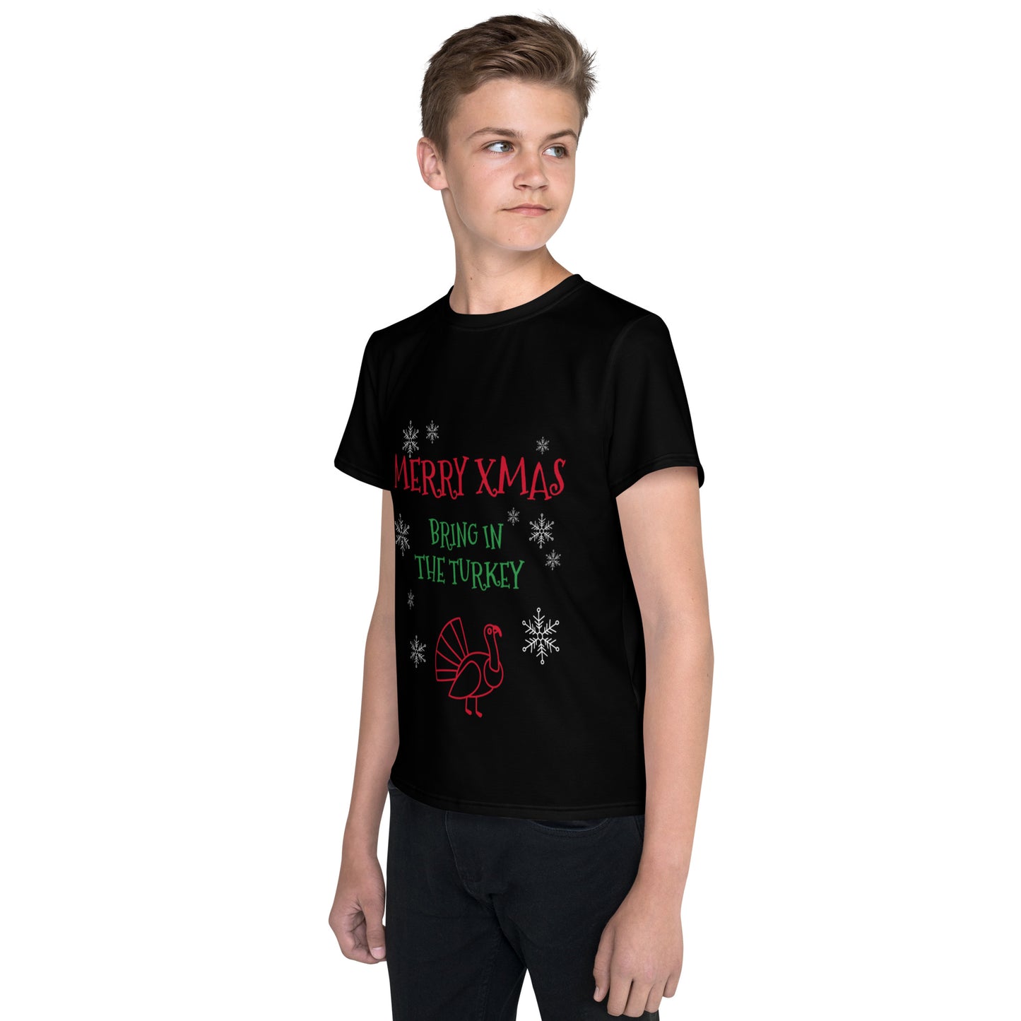 Youth Christmas Crew Neck T-Shirt - black - bring in the turkey (green/red/white print)