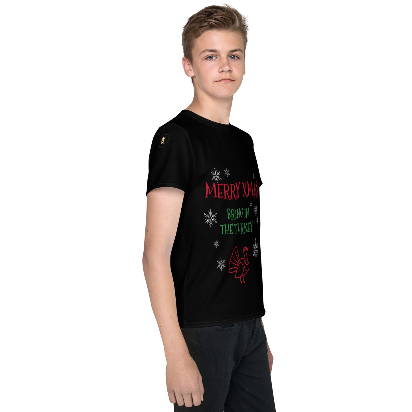 Youth Christmas Crew Neck T-Shirt - black - bring in the turkey (green/red/white print)
