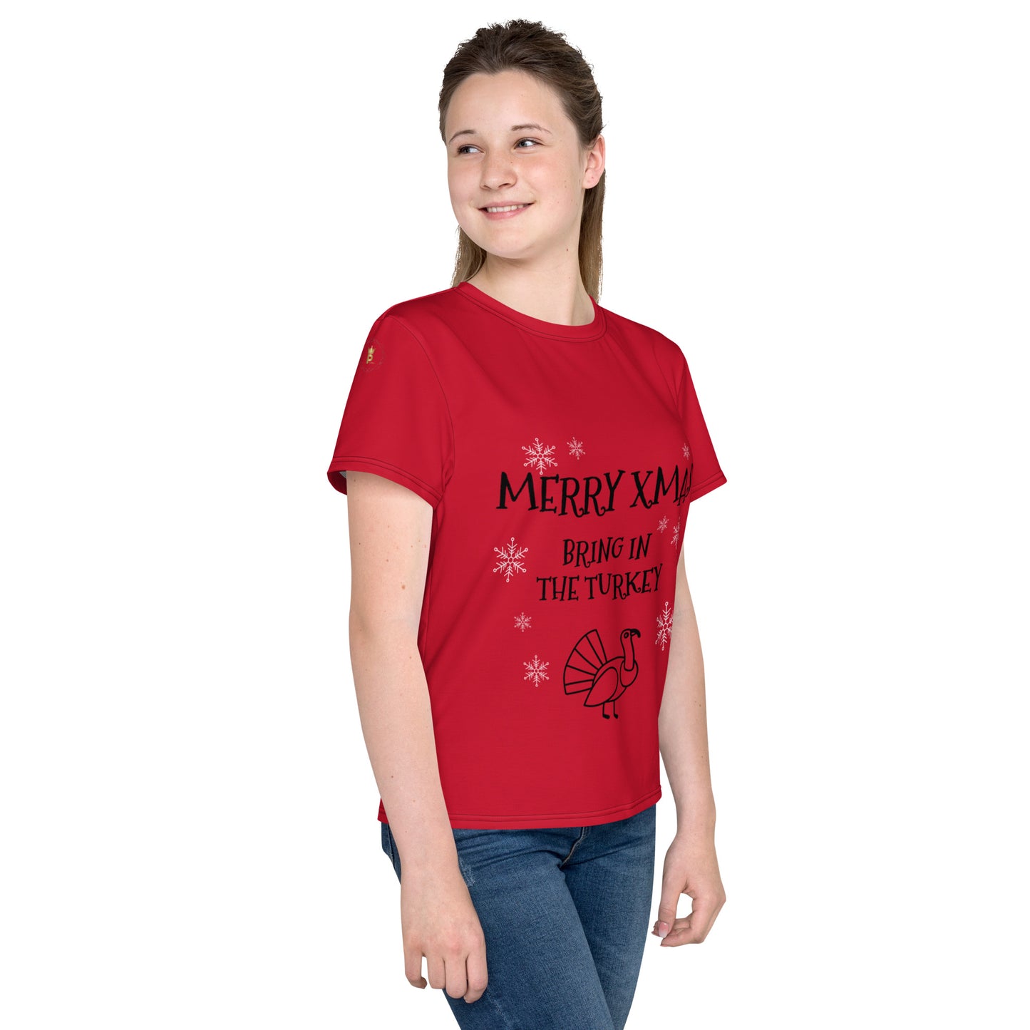 Youth Christmas Crew Neck T-Shirt - red - bring in the turkey (black/white print)