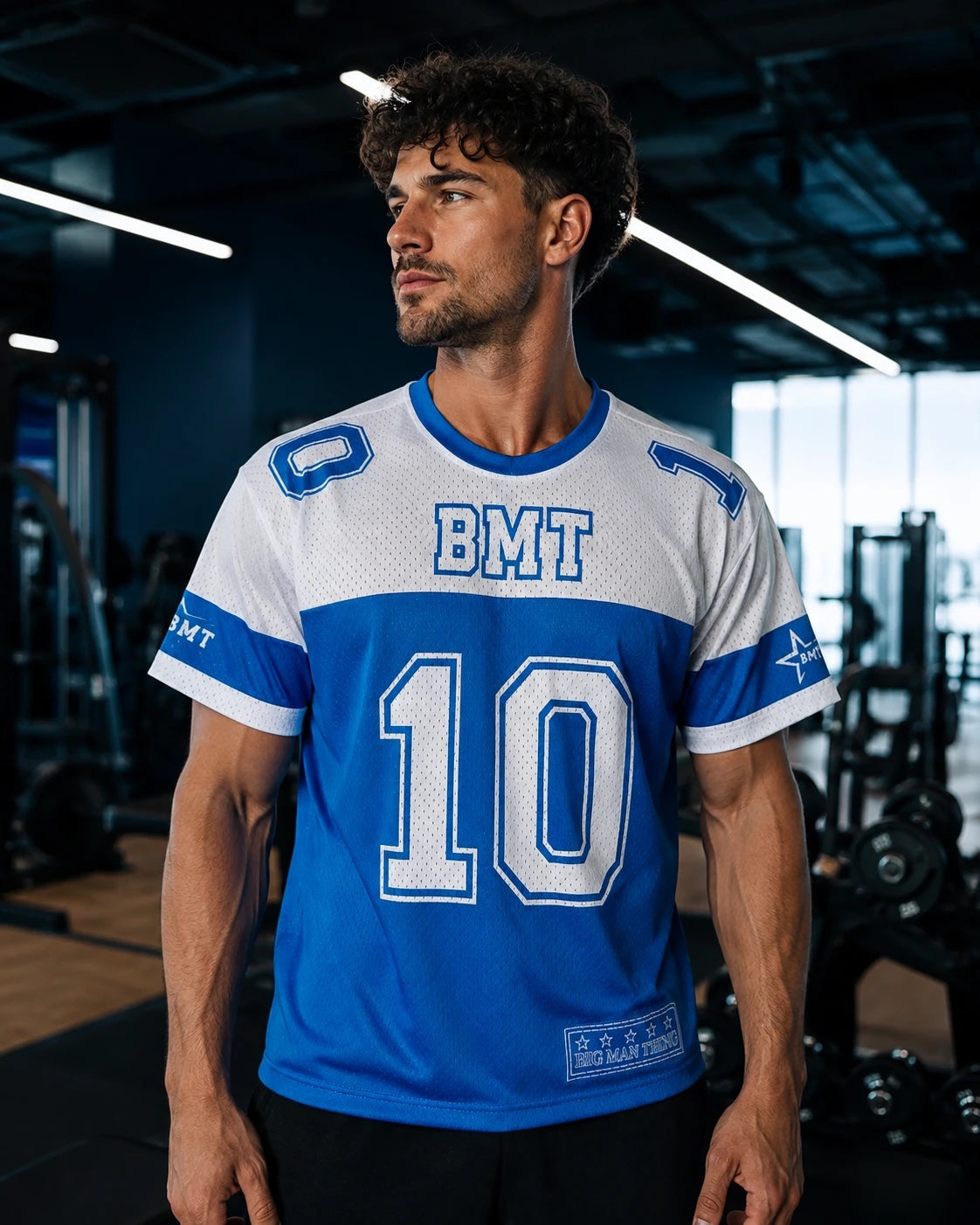Blue BMT American jersey top, front view with number 10