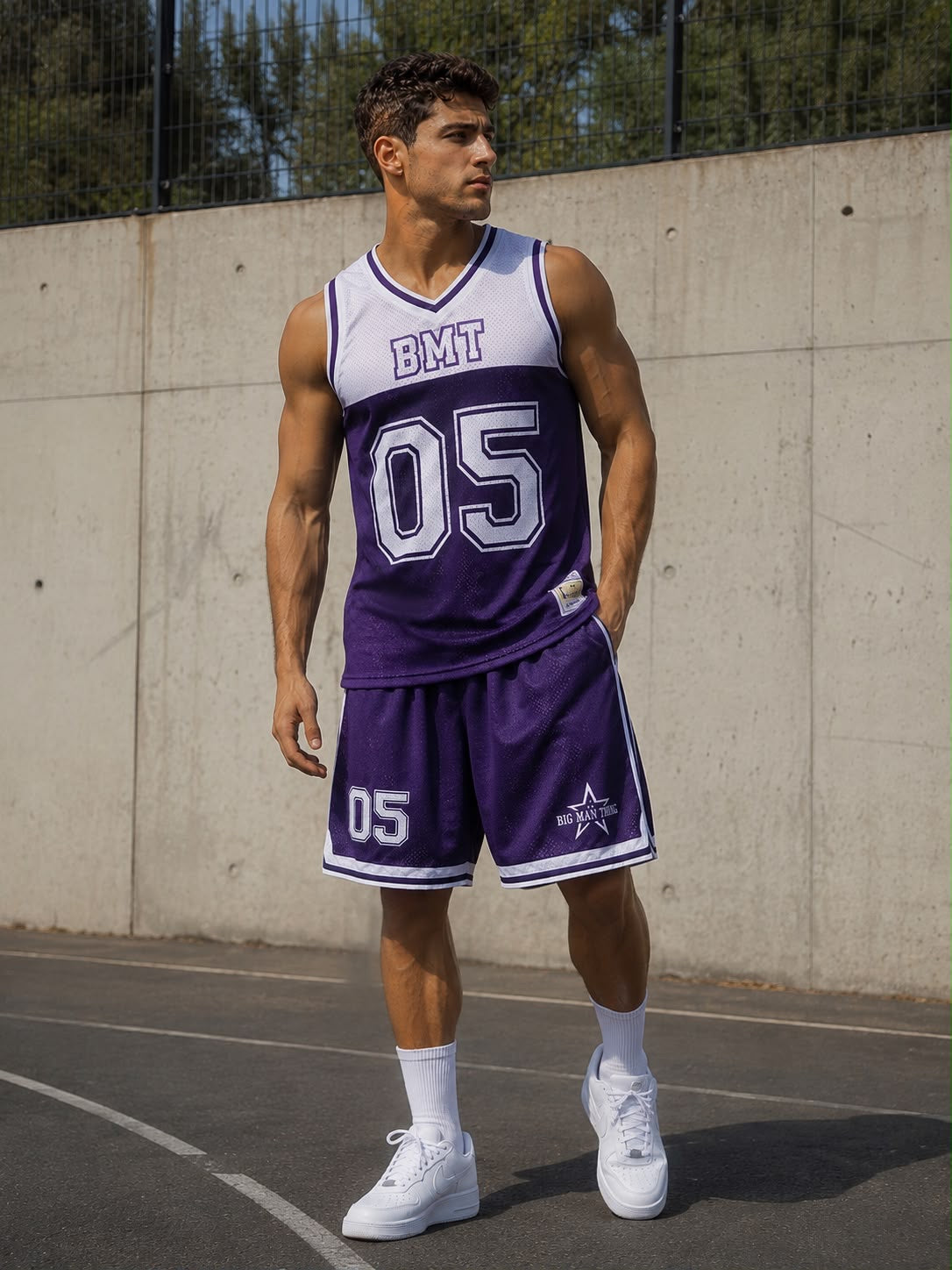 Purple Big Man Thing basketball jersey and shorts, front view