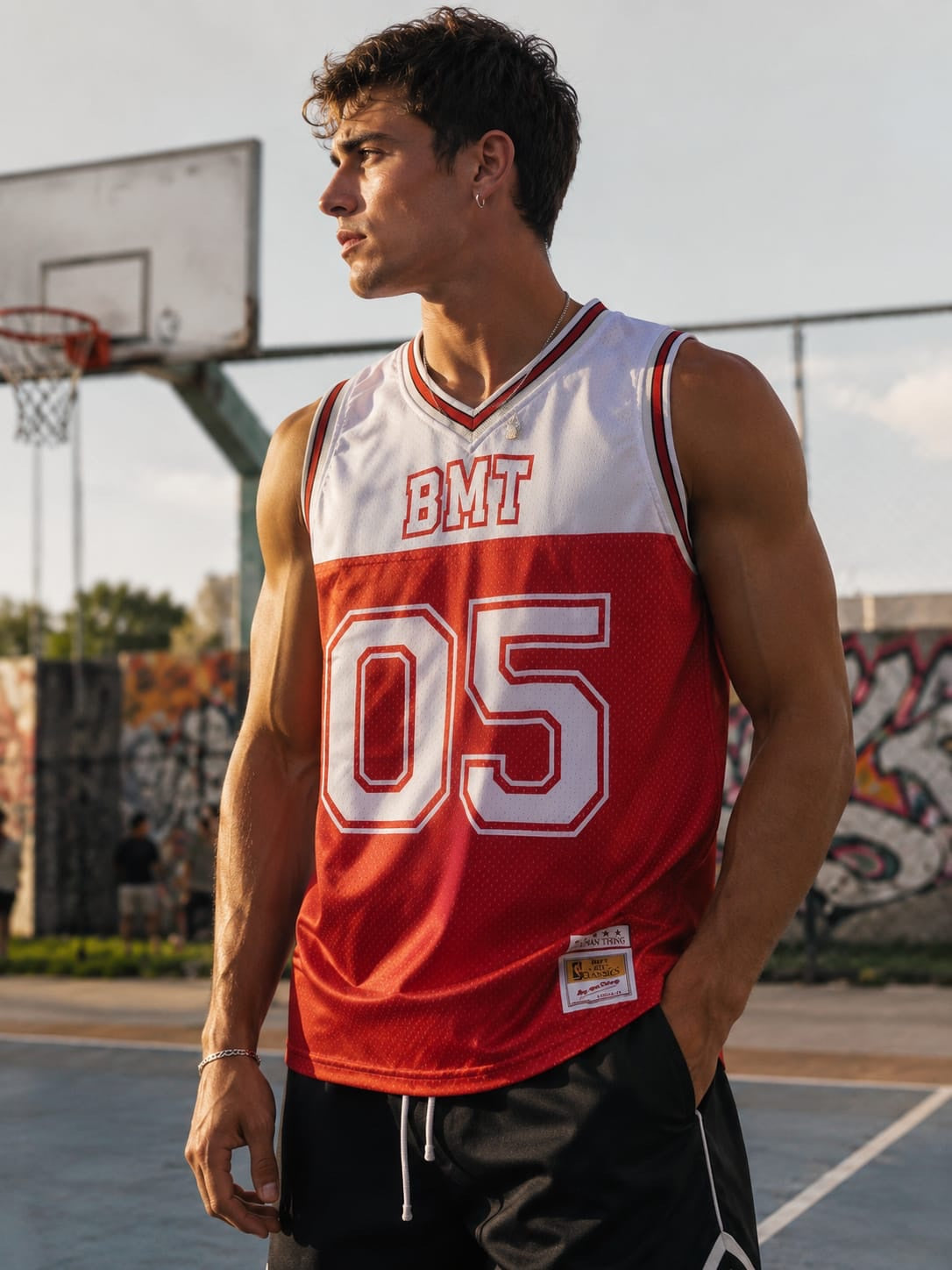 Close view of the red BMT jersey with woven label