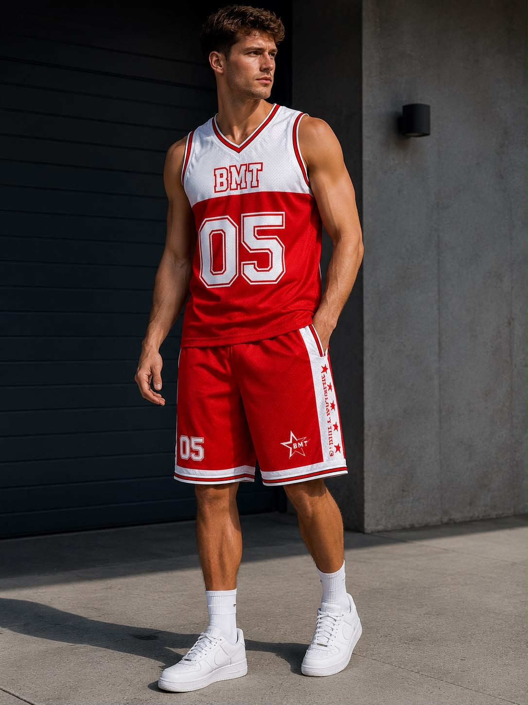 Red Big Man Thing basketball jersey and shorts, front view