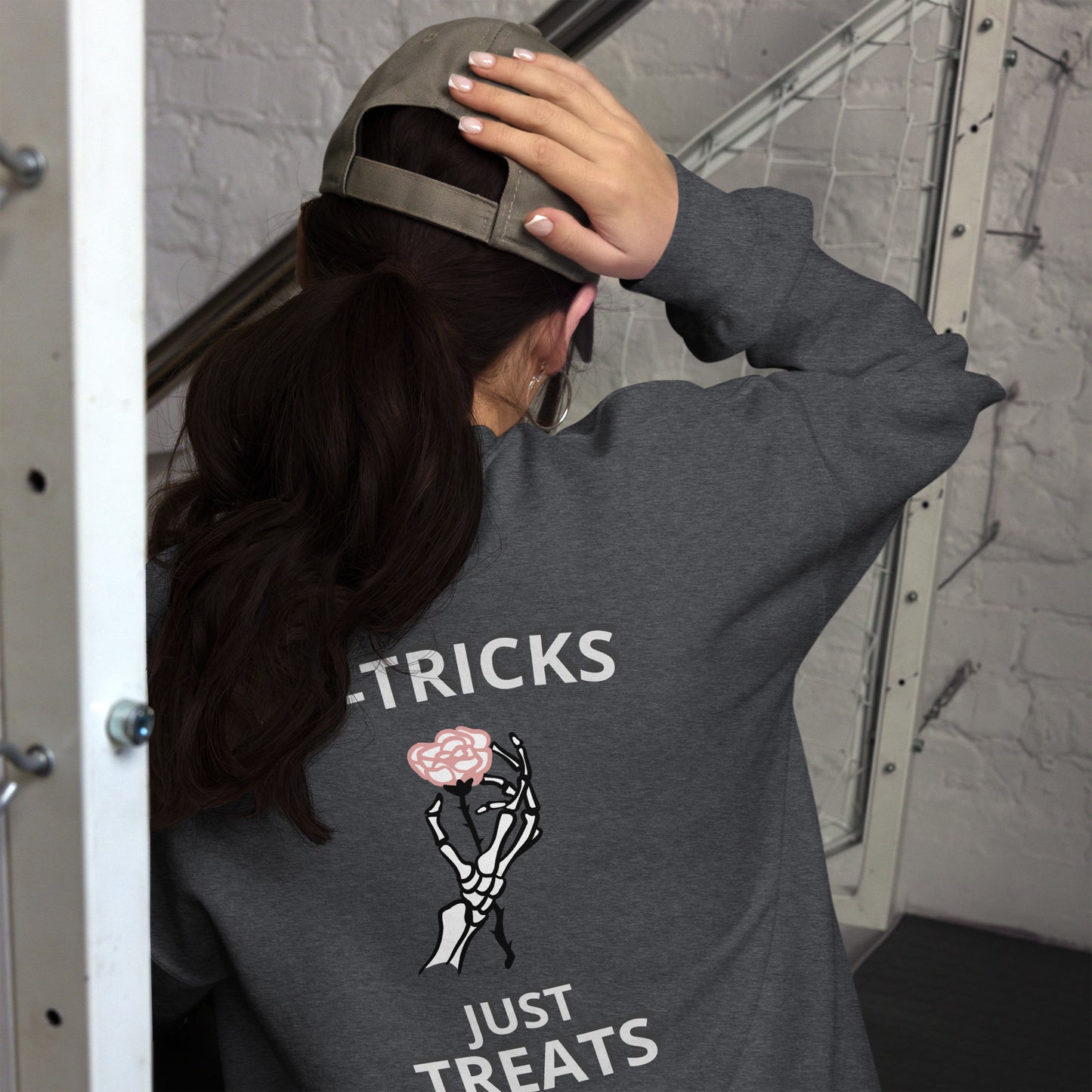 Unisex Halloween Sweatshirt (NO TRICKS JUST TREATS SKELETON HANDS)