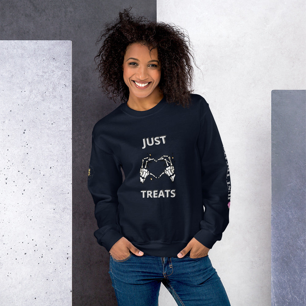 Unisex Halloween Sweatshirt (NO TRICKS JUST TREATS SKELETON HANDS)