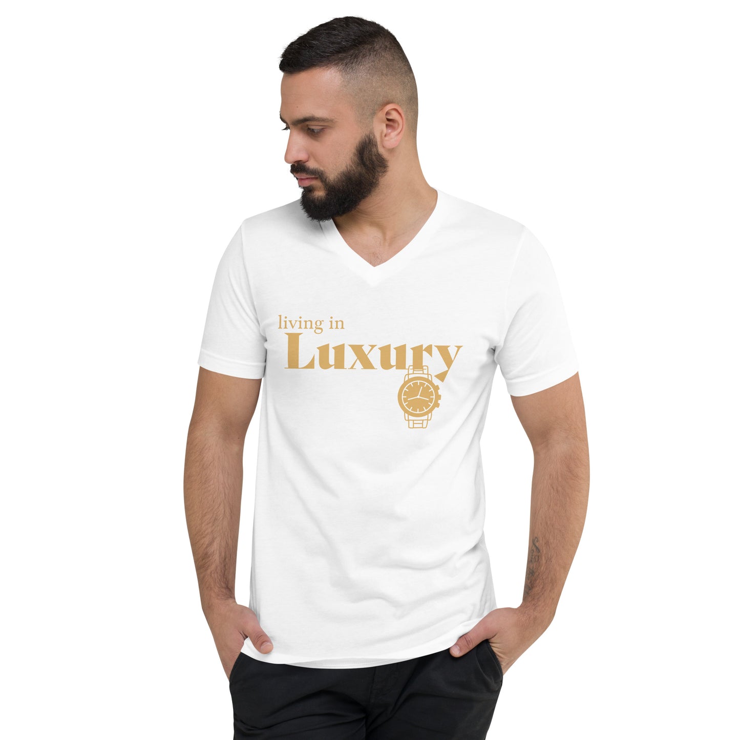 Men's Short Sleeve V-Neck T-Shirt (Living in Luxury) white
