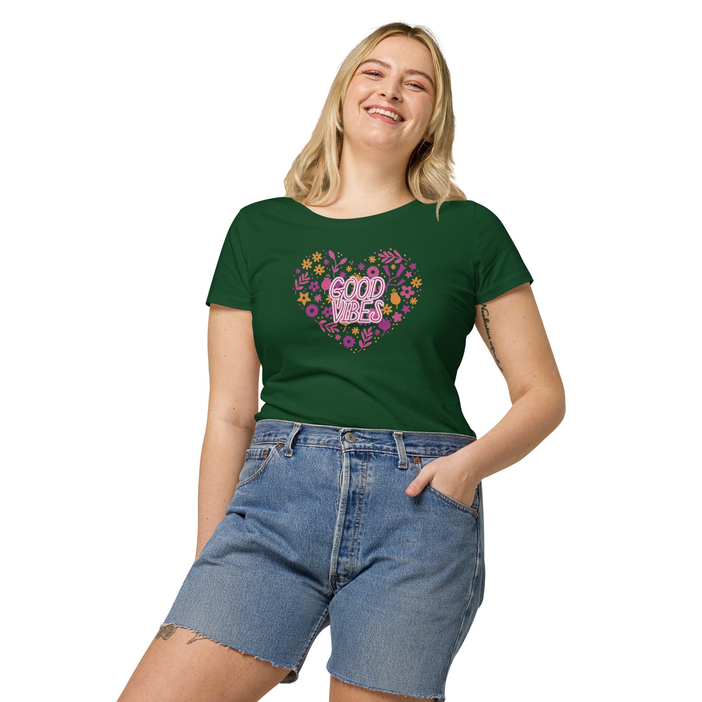 Women’s basic organic t-shirt (Heart Good Vibes)