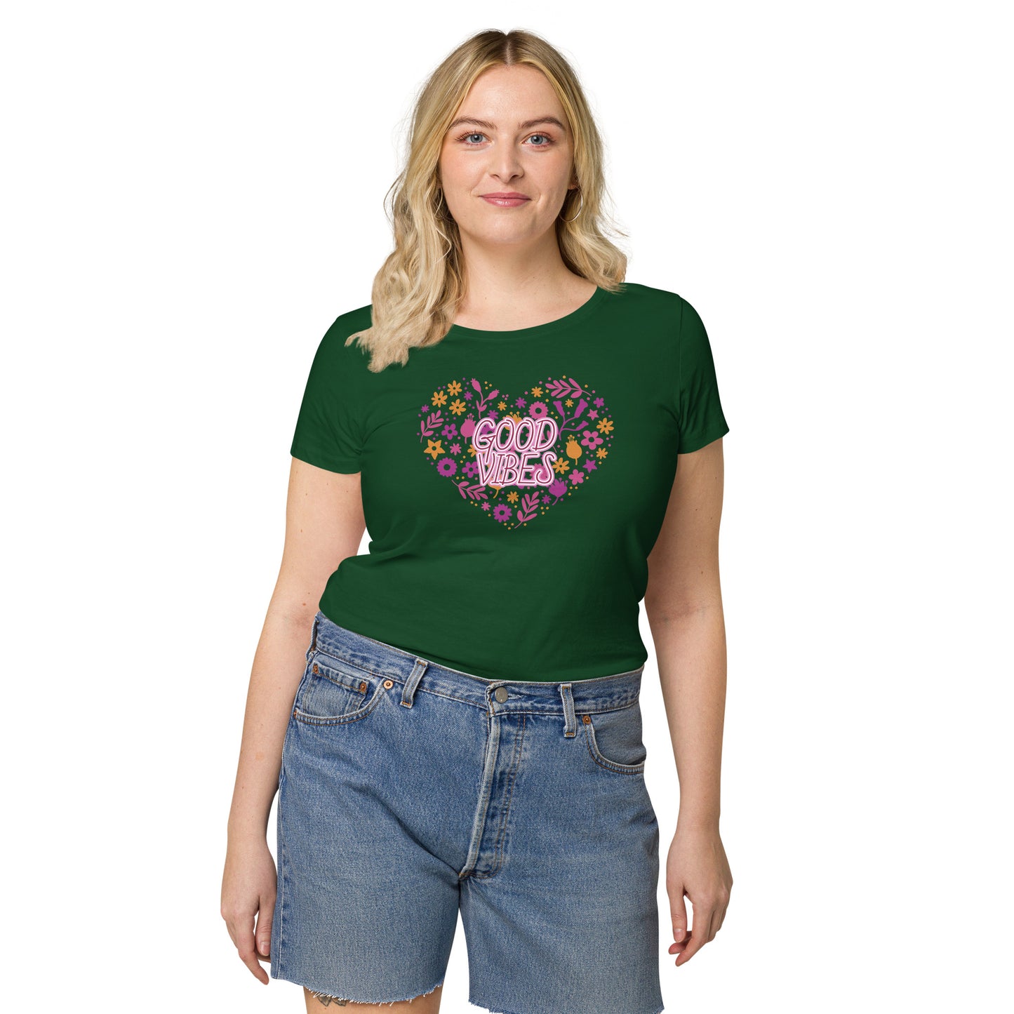 Women’s basic organic t-shirt (Heart Good Vibes)