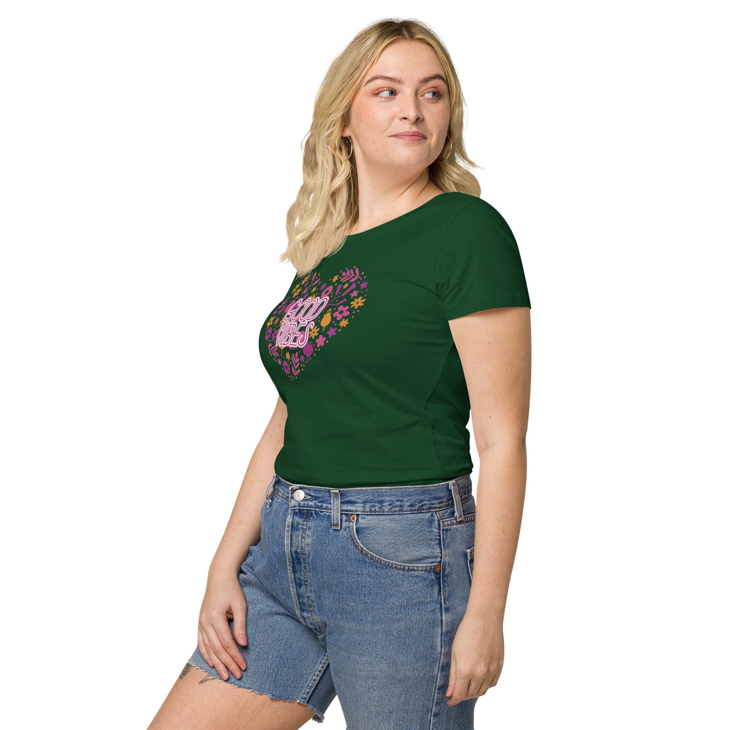 Women’s basic organic t-shirt (Heart Good Vibes)