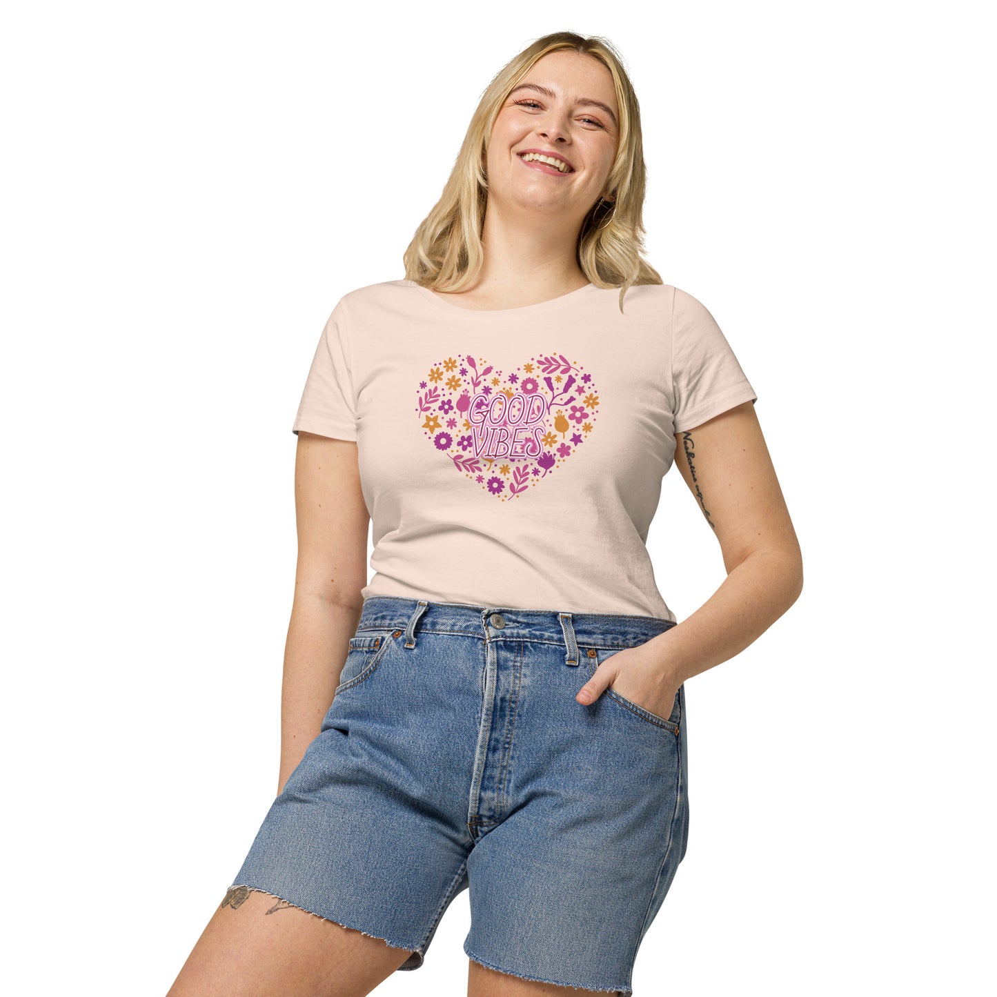 Women’s basic organic t-shirt (Heart Good Vibes)