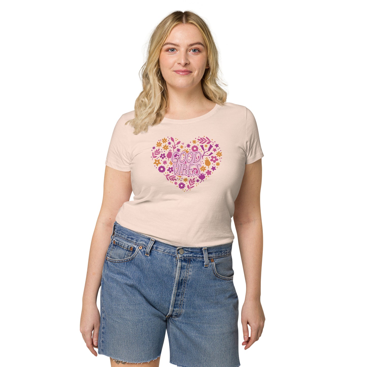 Women’s basic organic t-shirt (Heart Good Vibes)