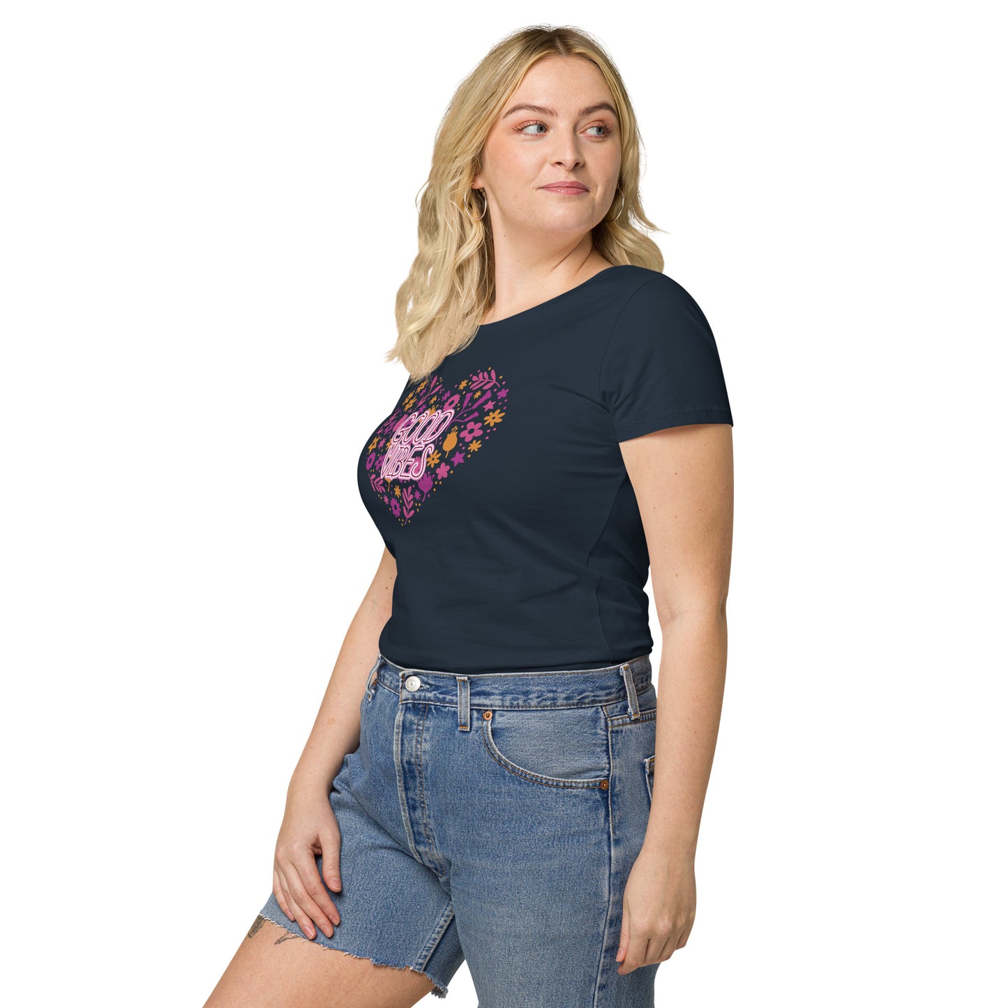 Women’s basic organic t-shirt (Heart Good Vibes)