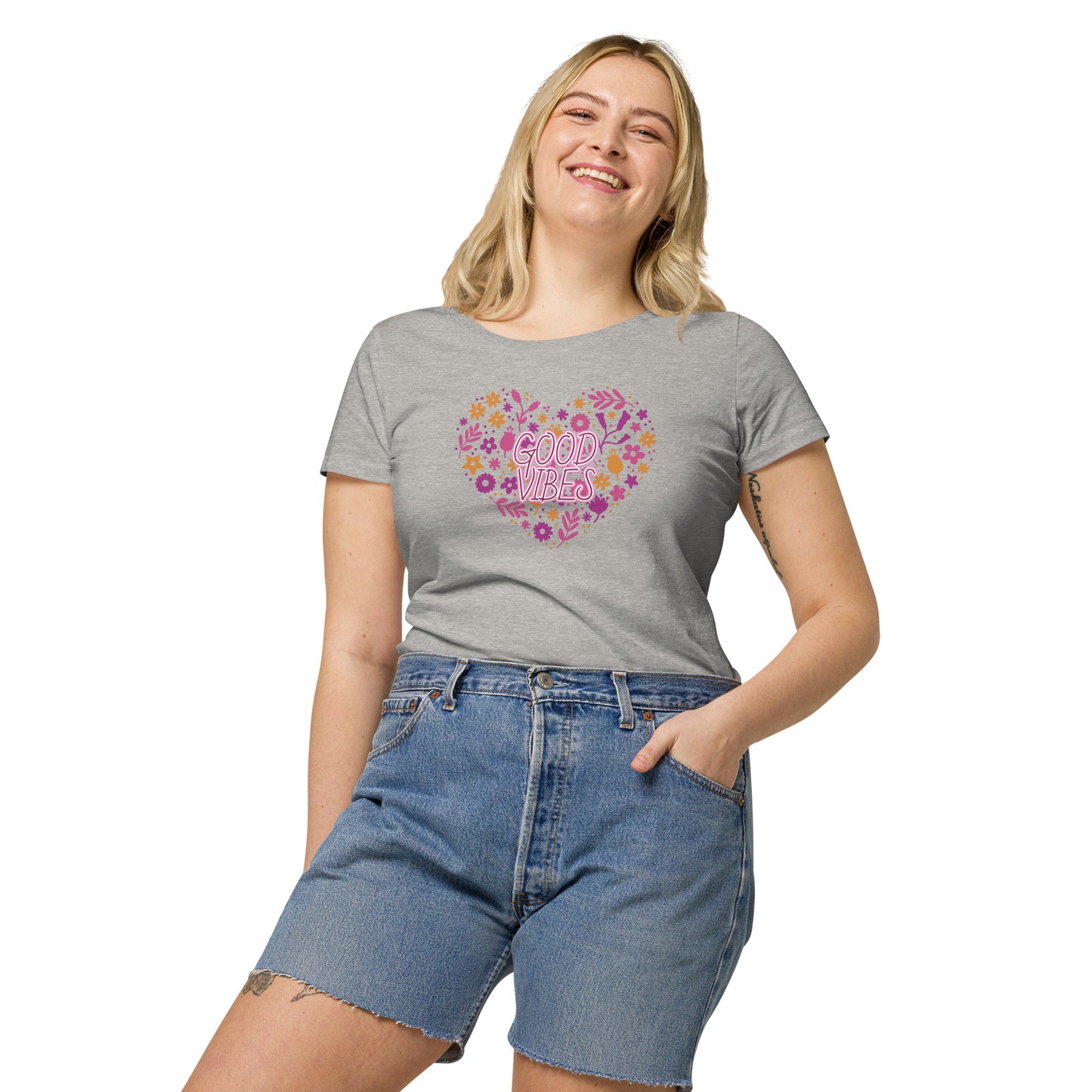 Women’s basic organic t-shirt (Heart Good Vibes)