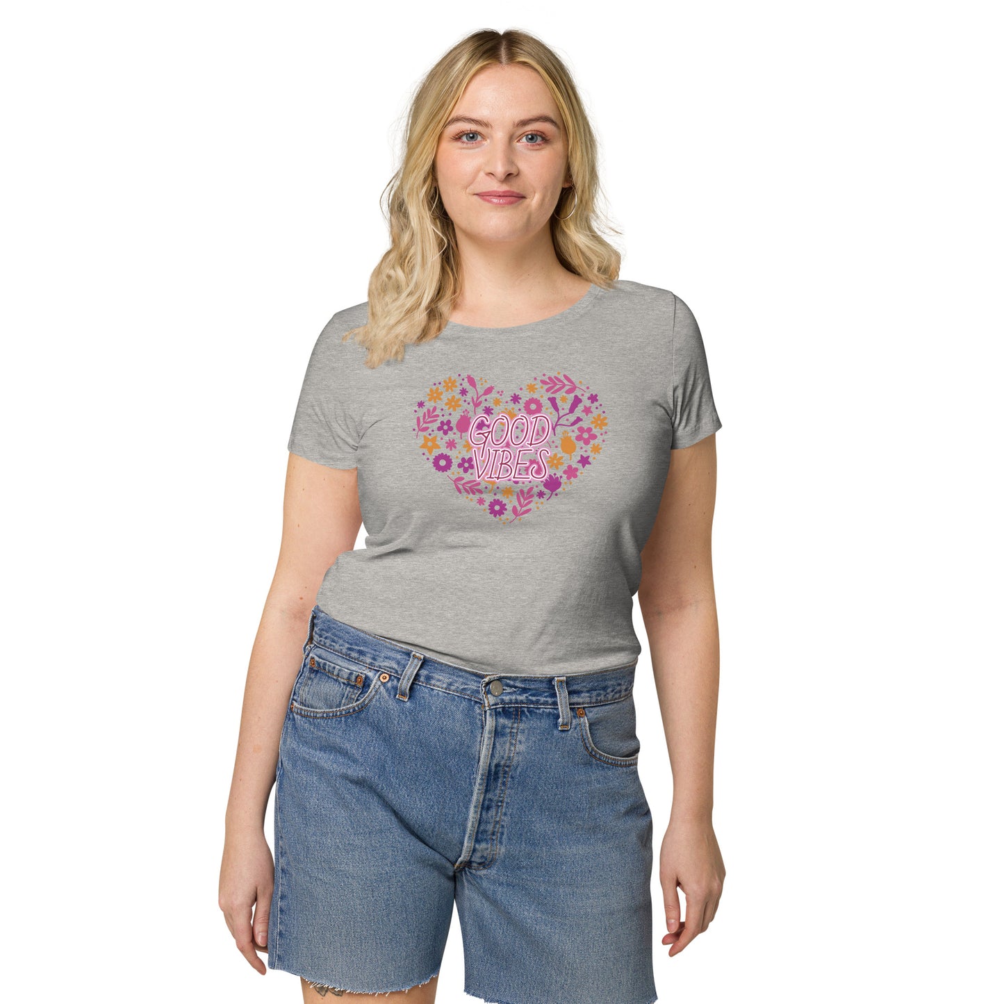 Women’s basic organic t-shirt (Heart Good Vibes)