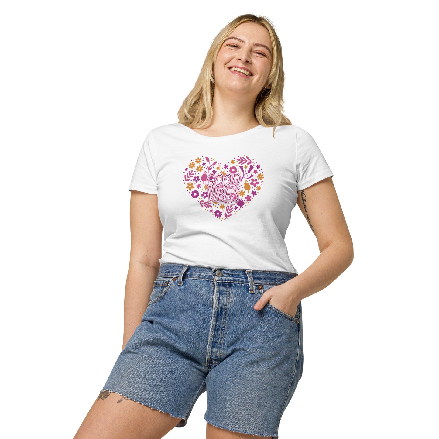 Women’s basic organic t-shirt (Heart Good Vibes)