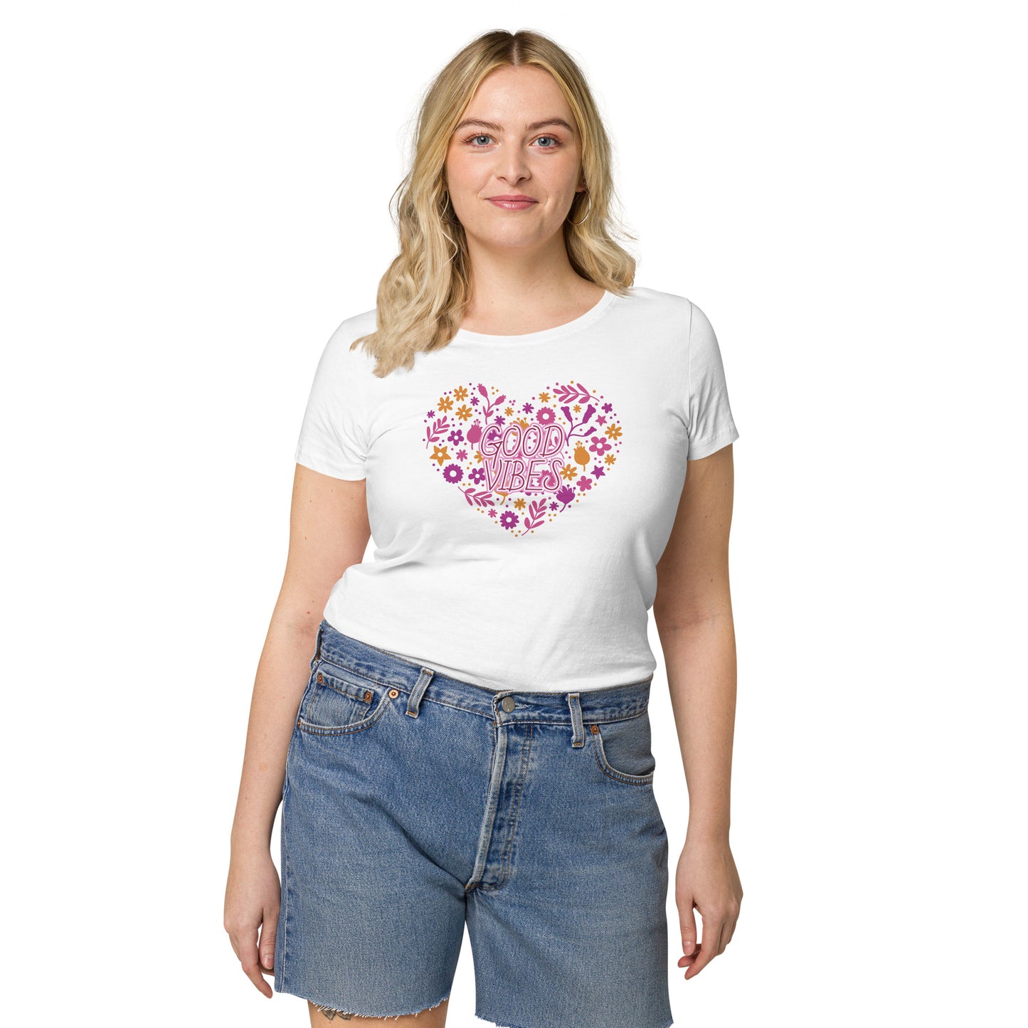 Women’s basic organic t-shirt (Heart Good Vibes)