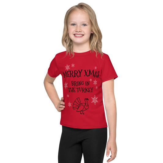 Kids Christmas Crew Neck T-Shirt - red - bring in the turkey (black/white print)