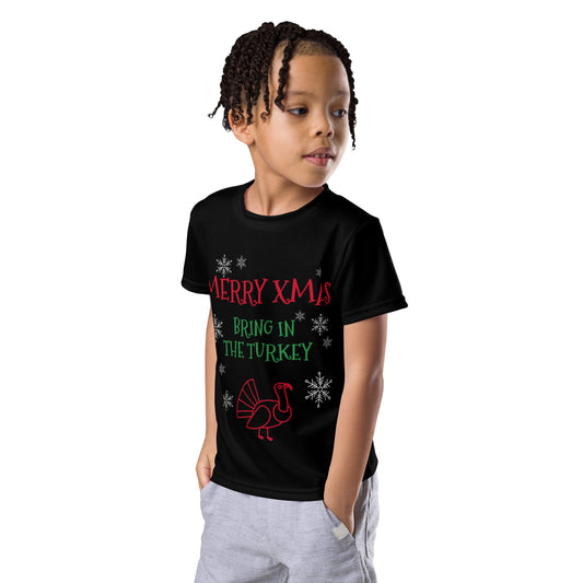 Kids Christmas Crew Neck T-Shirt - black - bring in the turkey (green/red/white print)