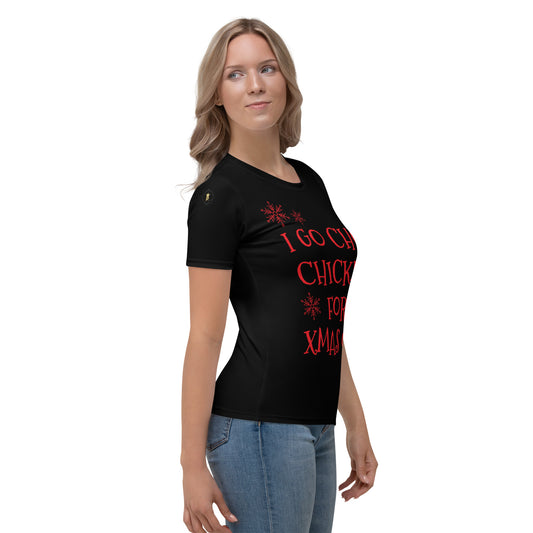 Women's Pidgin Christmas T-Shirt - black - I go chop chicken for xmas ooo (red print)