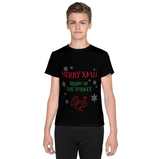 Youth Christmas Crew Neck T-Shirt - black - bring in the turkey (green/red/white print)