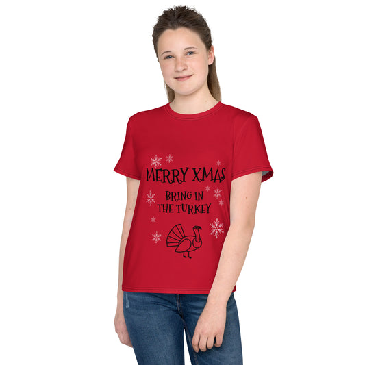 Youth Christmas Crew Neck T-Shirt - red - bring in the turkey (black/white print)