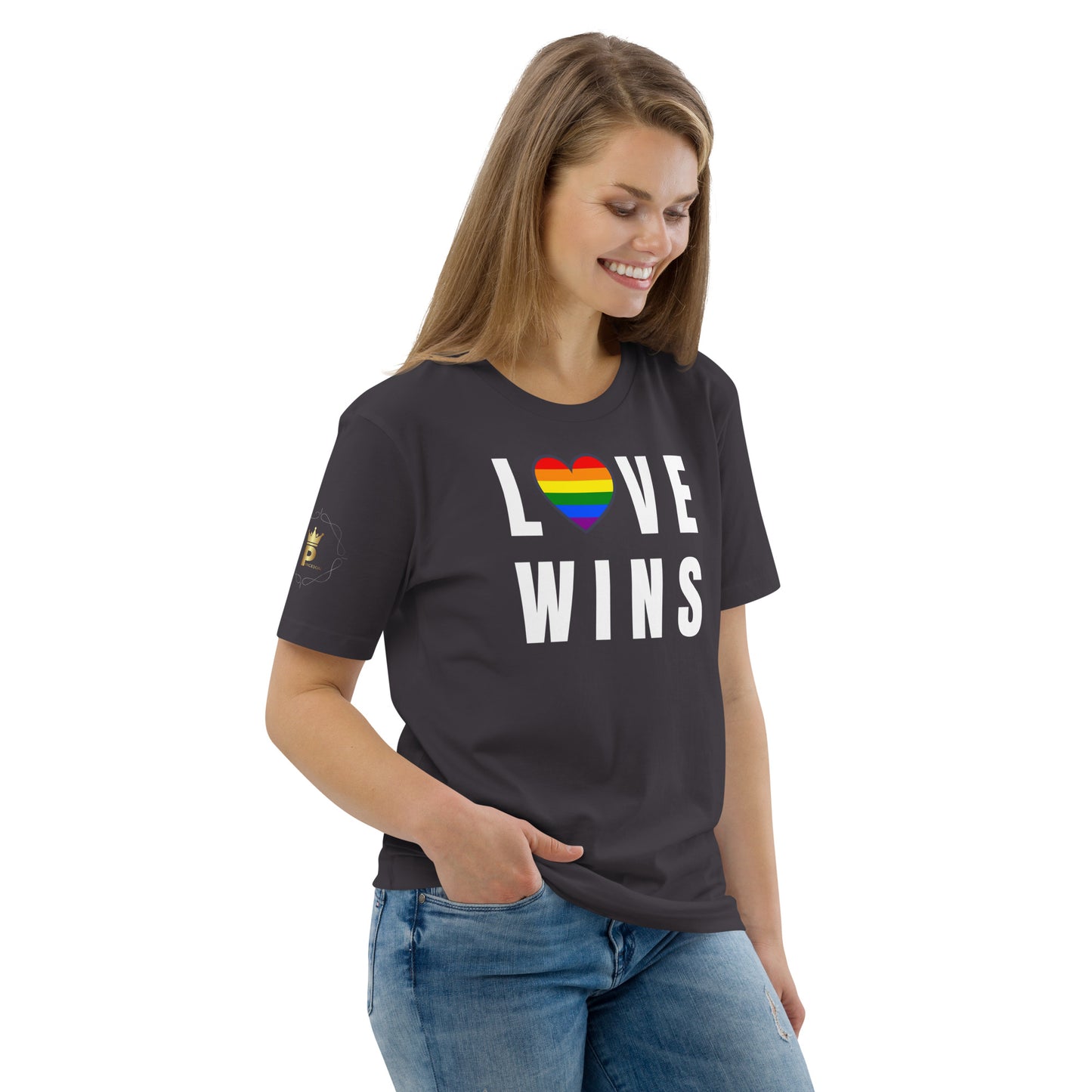 Unisex Rainbow Organic Cotton T-Shirt - Love Wins Rainbow Heart (white print)