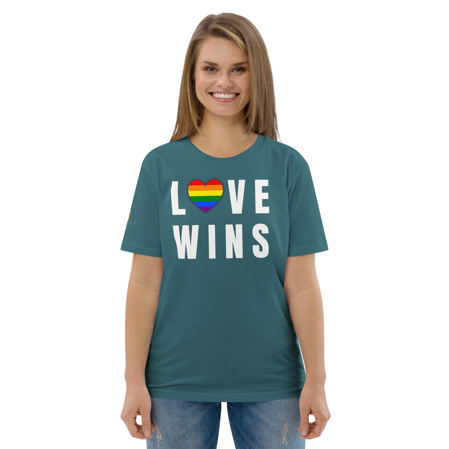 Unisex Rainbow Organic Cotton T-Shirt - Love Wins Rainbow Heart (white print)