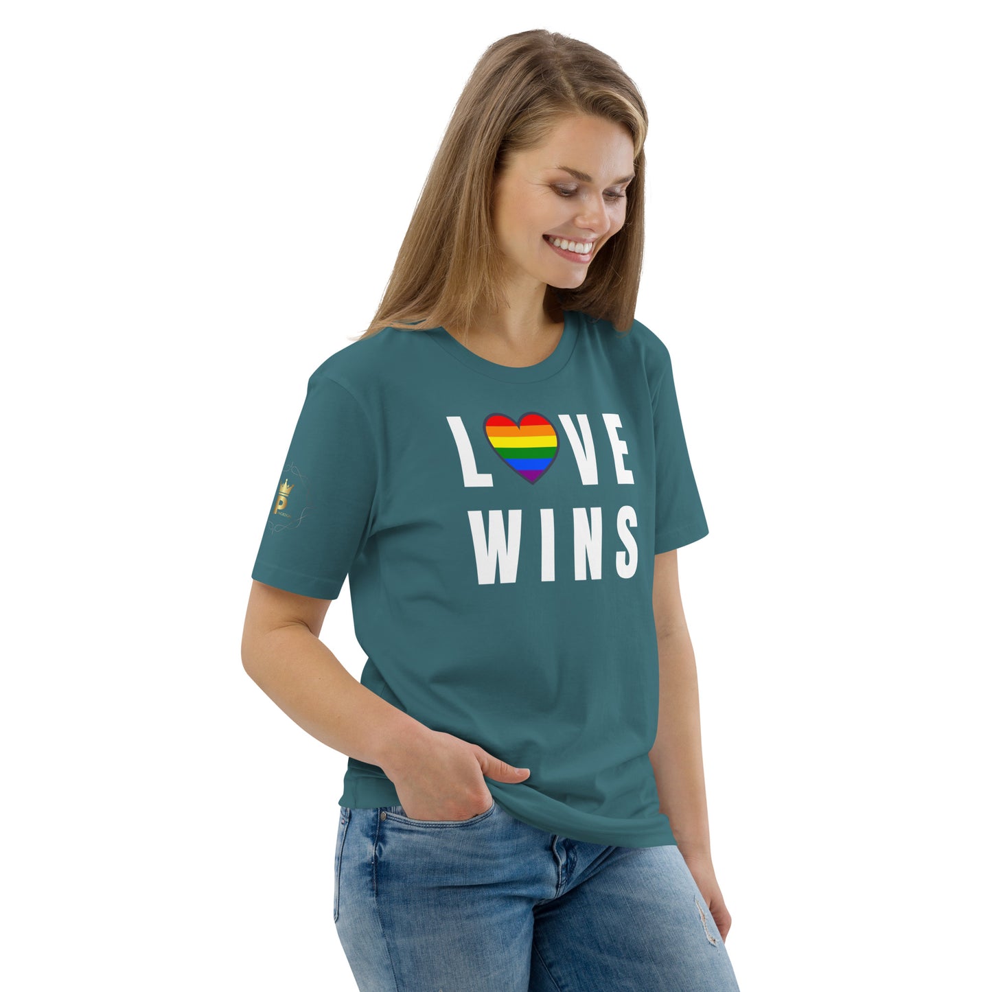 Unisex Rainbow Organic Cotton T-Shirt - Love Wins Rainbow Heart (white print)