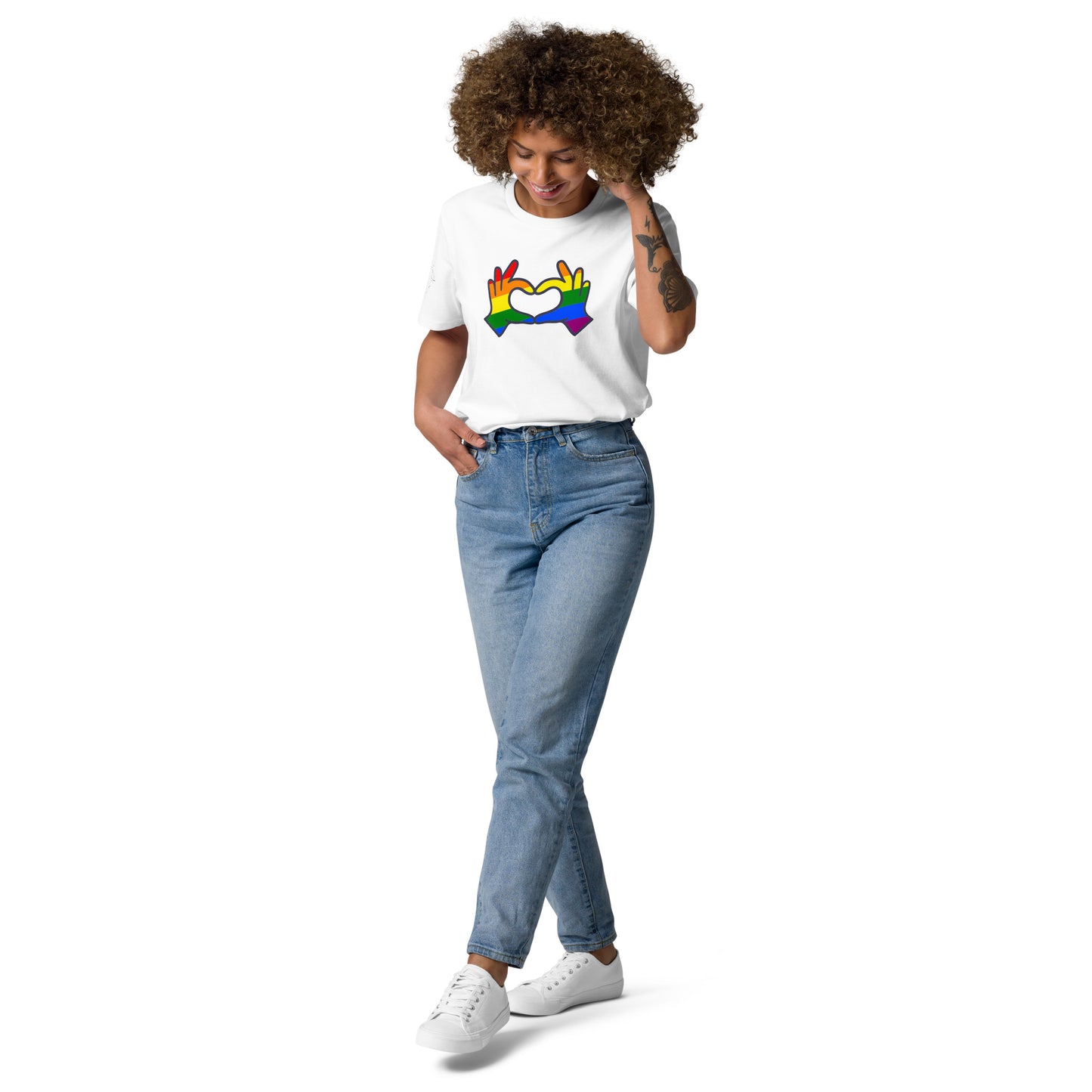 Unisex Rainbow Organic Cotton T-Shirt - Love Hand Heart Rainbow